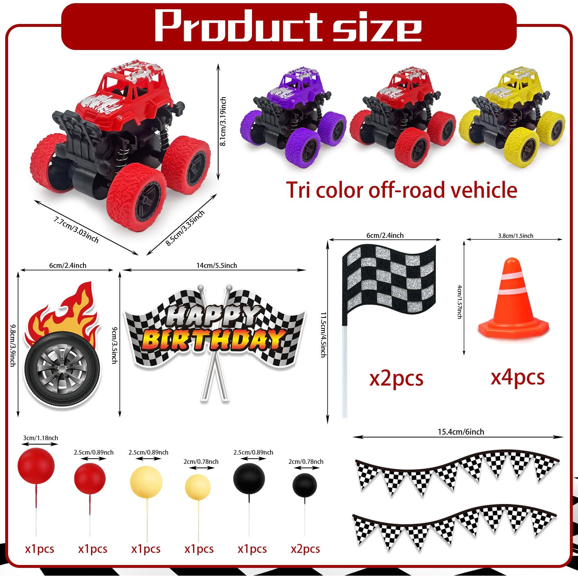 20Pcs Truck Cake Decoration 3 Colors Off-Road Vehicle Cake Top Decoration Red Black Yellow Ball Truck Themed Party Supplies
