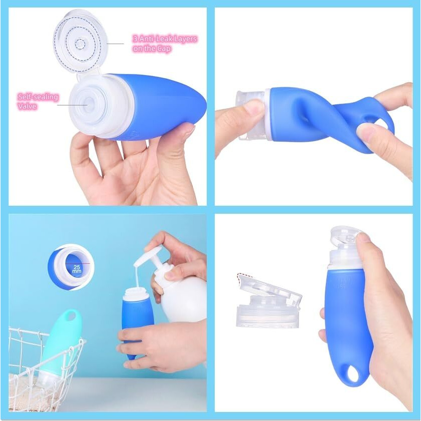 Fullplus Silicone Travel Bottles Set Leak Proof Refillable Travel Cosmetic Containers, 3 Oz Carry-On Tsa Approved, With Facial Cleansing Brush, Shower Lanyard For Shampoo, Conditioner, Lotion