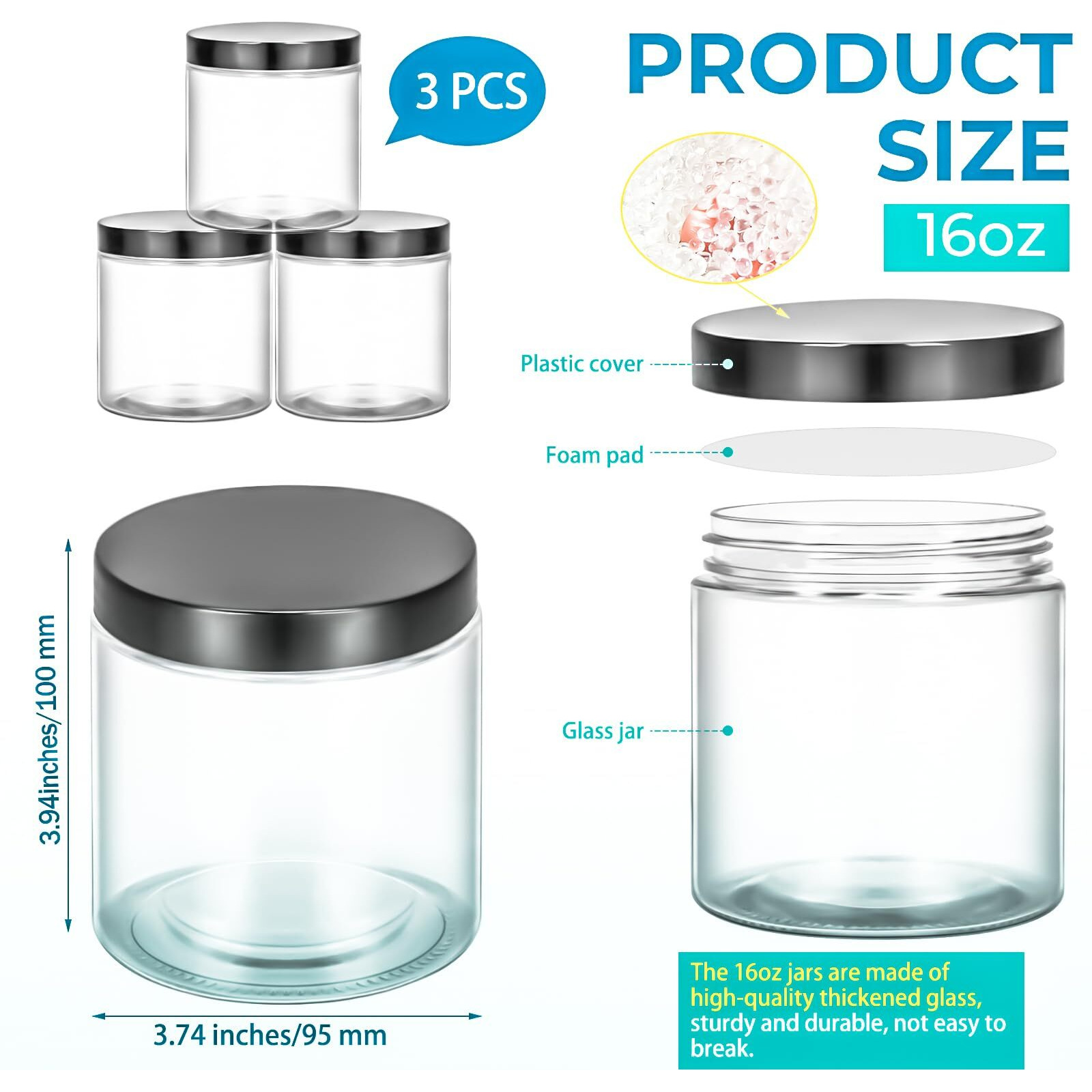 Motbach 3 Pack 16Oz Glass Jars With Lids, 480Ml Round Clear Glass Cosmetic Containers Makeup Jars, Refillable Travel Size Container Jar For Lotion Cream Powder Sample Ointment Salve Balm Storage