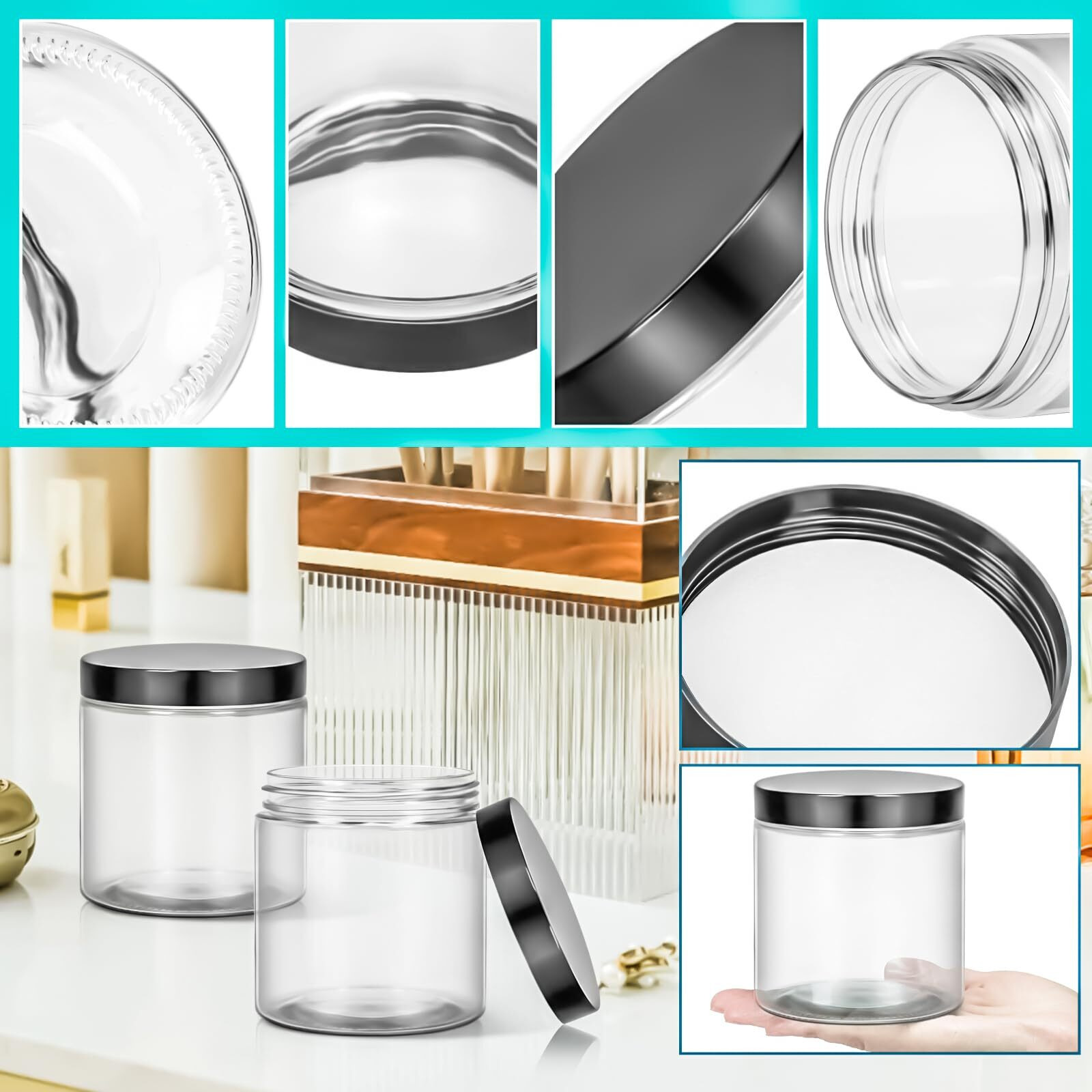 Motbach 3 Pack 16Oz Glass Jars With Lids, 480Ml Round Clear Glass Cosmetic Containers Makeup Jars, Refillable Travel Size Container Jar For Lotion Cream Powder Sample Ointment Salve Balm Storage