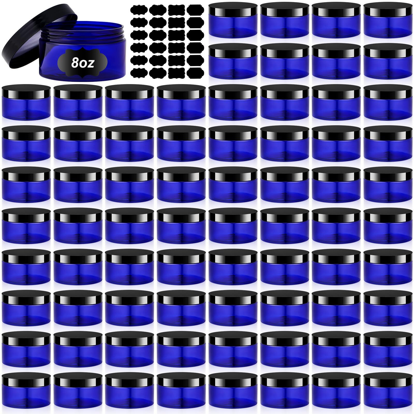 Dandat 72 Pcs 8 Oz Pet Loose Powder Containers Plastic Jars With Lid And Label, Leak Proof Empty Cosmetic Jars For Lotion, Cream, Gel, Powder - Refillable Travel Storage Containers(Blue)