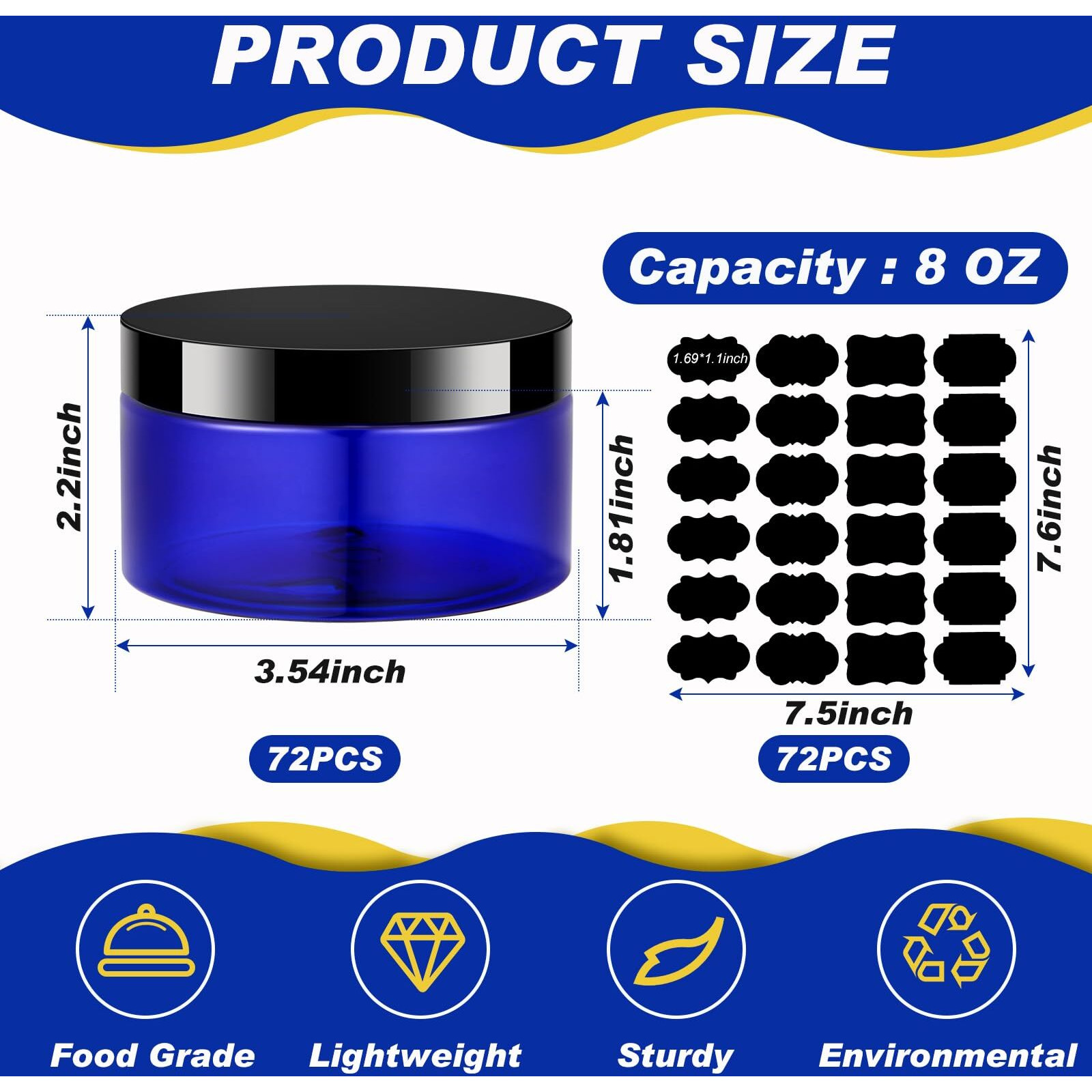 Dandat 72 Pcs 8 Oz Pet Loose Powder Containers Plastic Jars With Lid And Label, Leak Proof Empty Cosmetic Jars For Lotion, Cream, Gel, Powder - Refillable Travel Storage Containers(Blue)