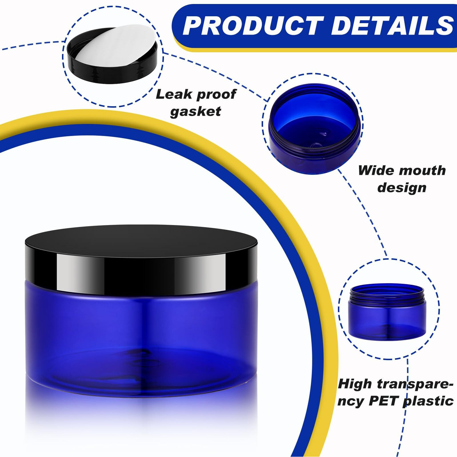 Dandat 72 Pcs 8 Oz Pet Loose Powder Containers Plastic Jars With Lid And Label, Leak Proof Empty Cosmetic Jars For Lotion, Cream, Gel, Powder - Refillable Travel Storage Containers(Blue)