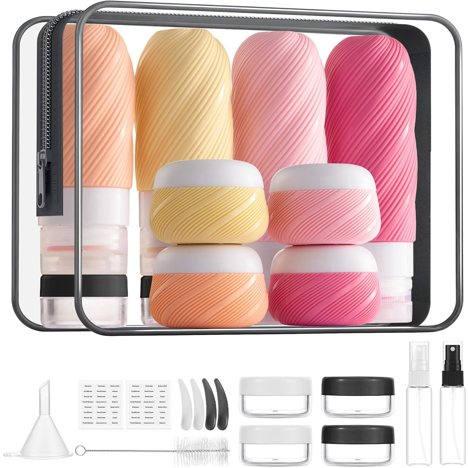 23 Pack Tsa Approved Travel Bottles For Toiletries, Leak Proof Refillable Travel Size Containers Kit With Silicone Squeezable Bottles Jars For Shampoo Lotion Conditioner, In Clear Bag, Pink