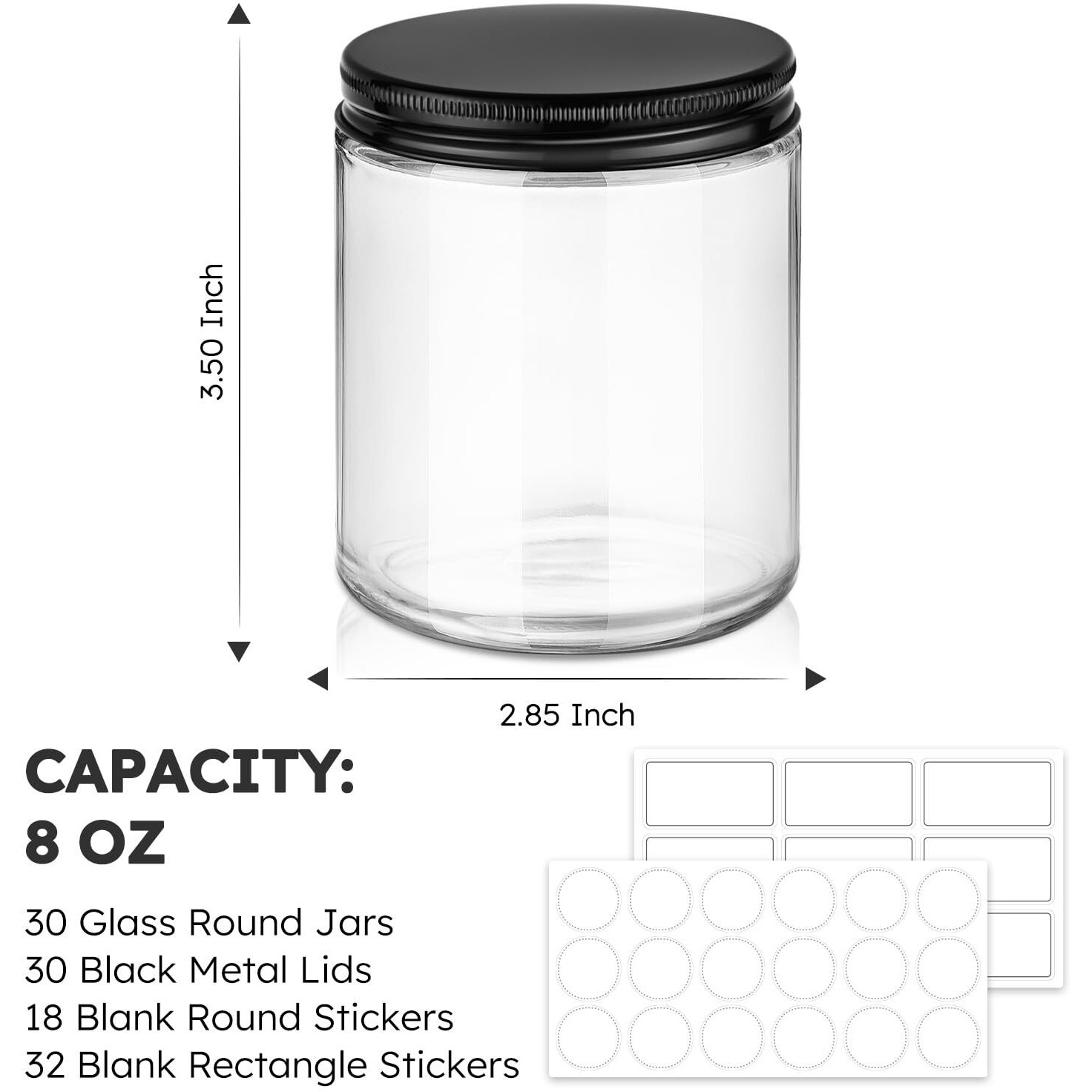 Tecohouse 8 Oz Glass Jars With Lids, 30 Pack Candle Jars Canning Mason Jars With Lids, White Labels & Inner Liners, Empty Airtight Round Clear Slime Containers For Cream, Spice, Lotion, Ointments