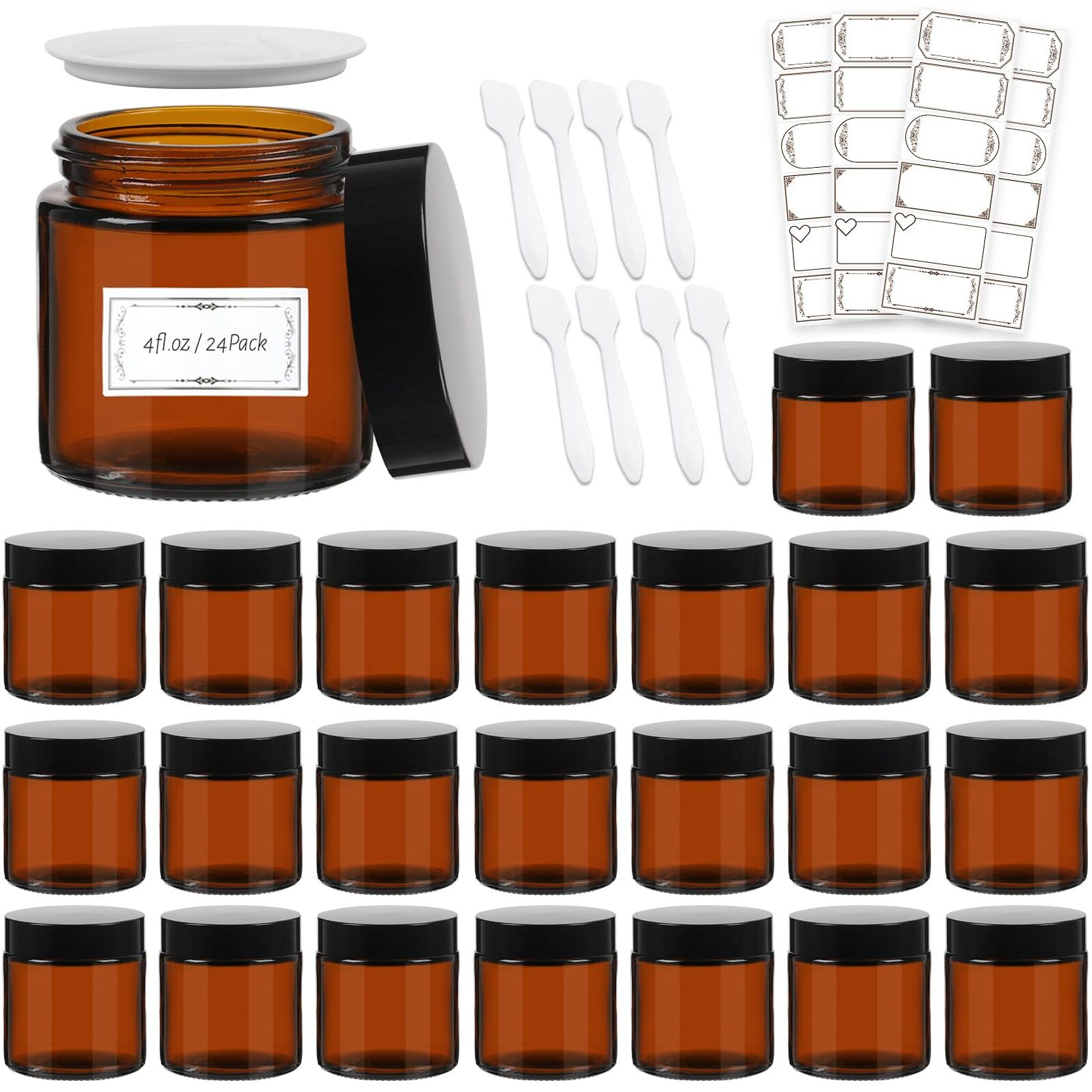 Aurotrends 4 Oz Amber Glas Jars With Lids 24Pack, Portable Amber Round Empty Glass Candle Jars With Lids/Body Butters Containers/Body Butter Jar (4 Fl. Oz, Set Of 24)