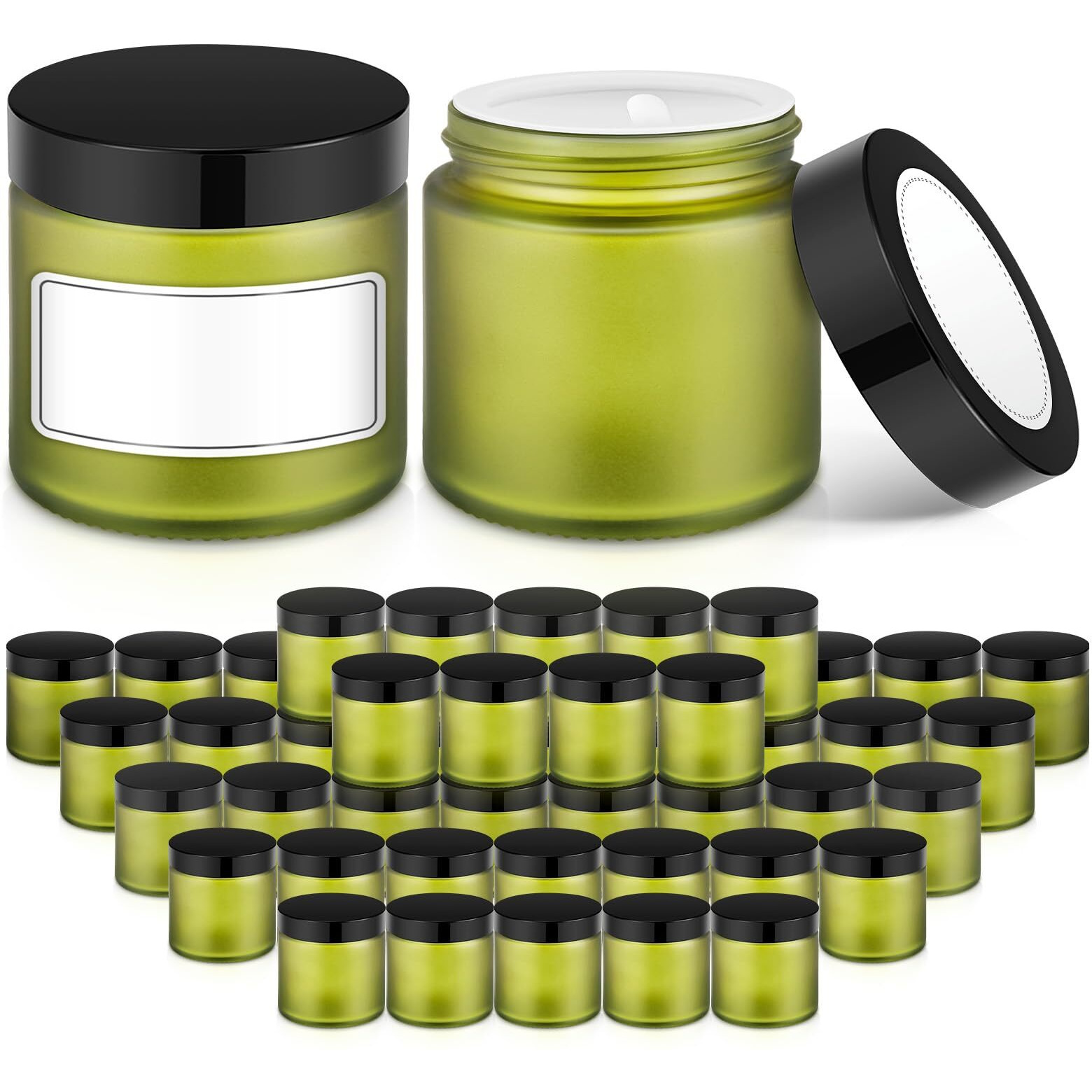 2 Oz Small Glass Jars With Lids, Bumobum 48 Pack Round Green Glass Candle Jars With Black Lids, White Labels & Inner Liners, Empty Cosmetic Containers For Cream, Lotion, Slime, Ointment