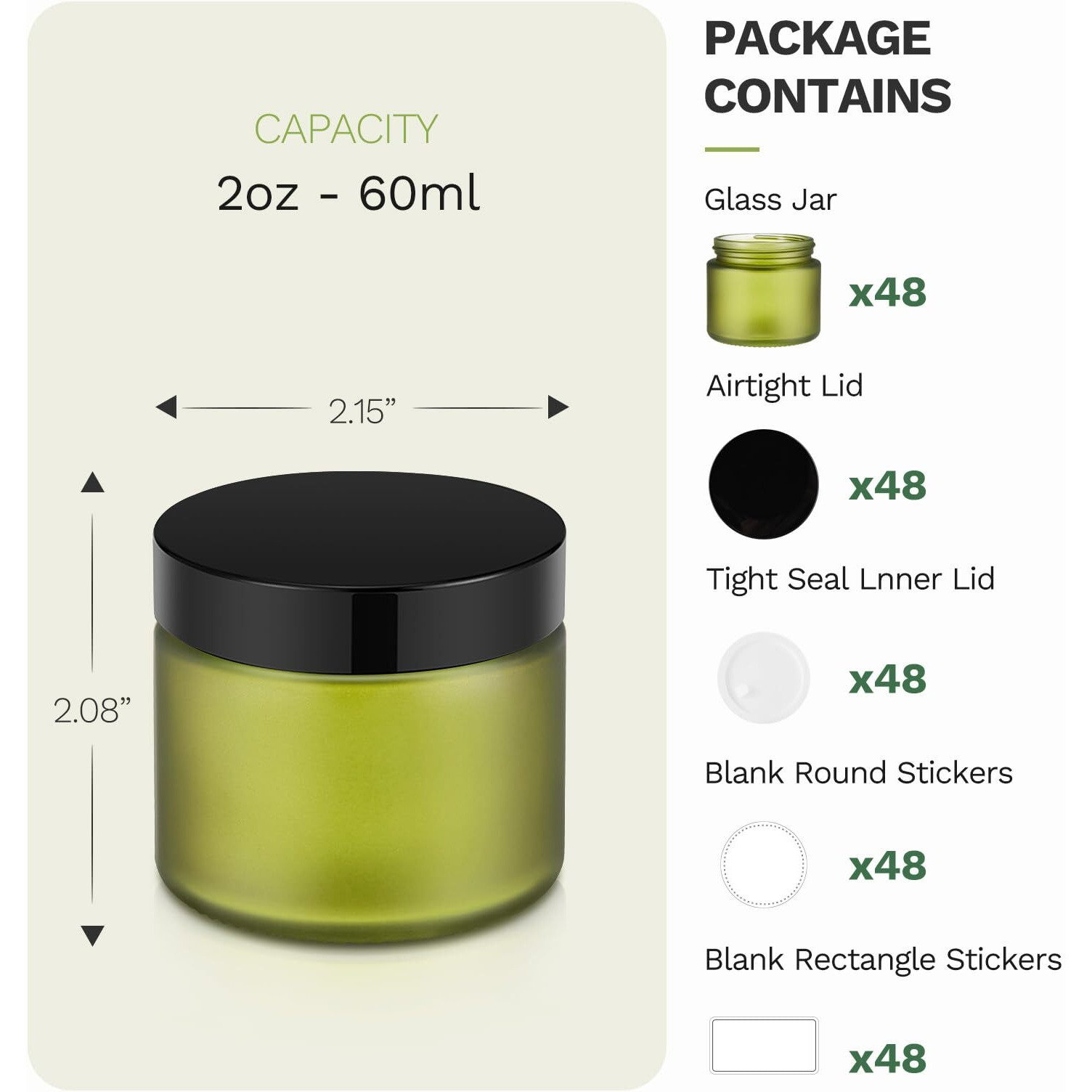 2 Oz Small Glass Jars With Lids, Bumobum 48 Pack Round Green Glass Candle Jars With Black Lids, White Labels & Inner Liners, Empty Cosmetic Containers For Cream, Lotion, Slime, Ointment