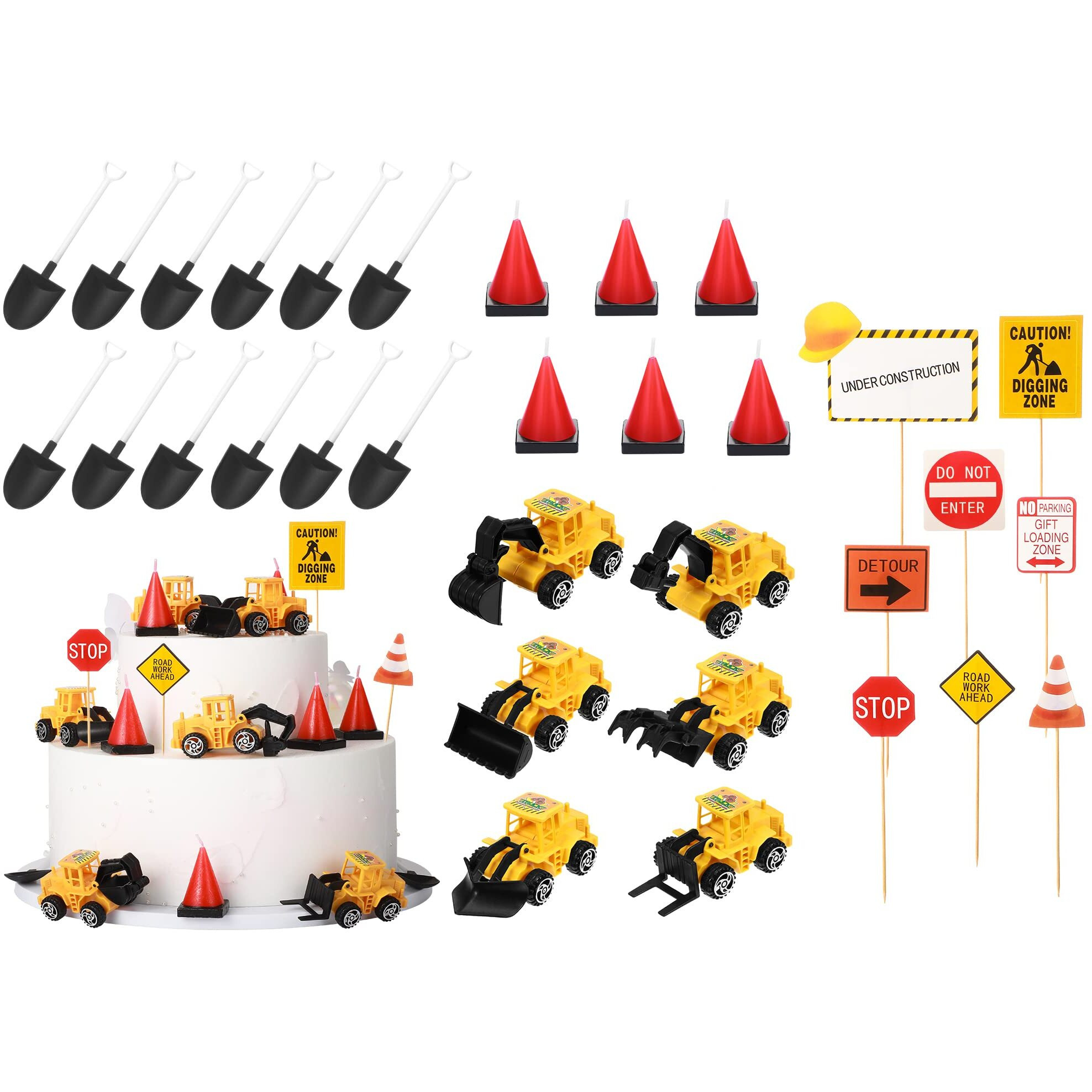 Sratte 40 Pcs Construction Cake Toppers Vehicles Cake Decoration Set Includes 6 Construction Truck Cake Toppers, 6 Cone Shaped Molded Candles, 12 Plastic Shovel Shape Spoons, 16 Road Sign For Birthday