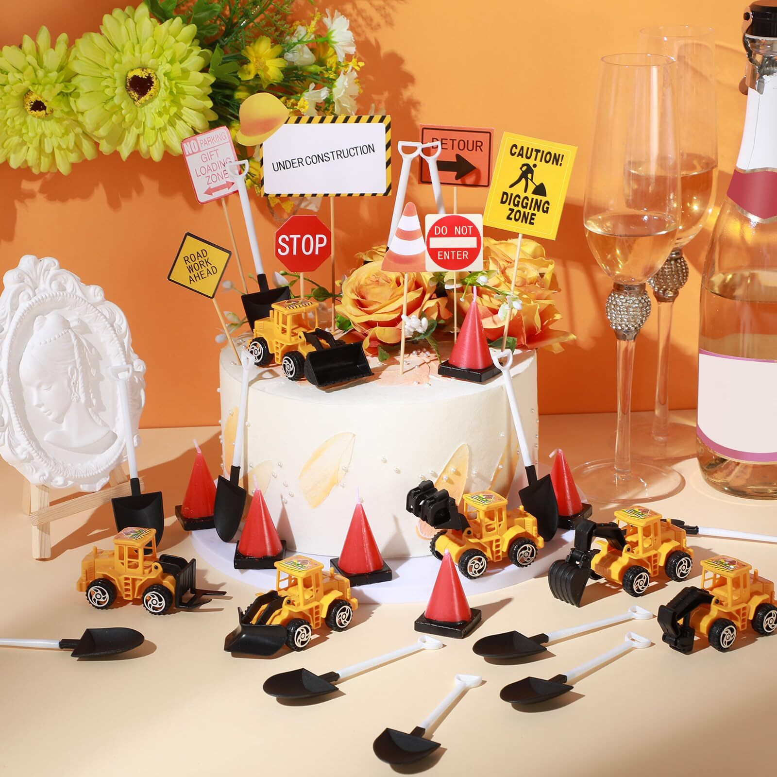 Sratte 40 Pcs Construction Cake Toppers Vehicles Cake Decoration Set Includes 6 Construction Truck Cake Toppers, 6 Cone Shaped Molded Candles, 12 Plastic Shovel Shape Spoons, 16 Road Sign For Birthday