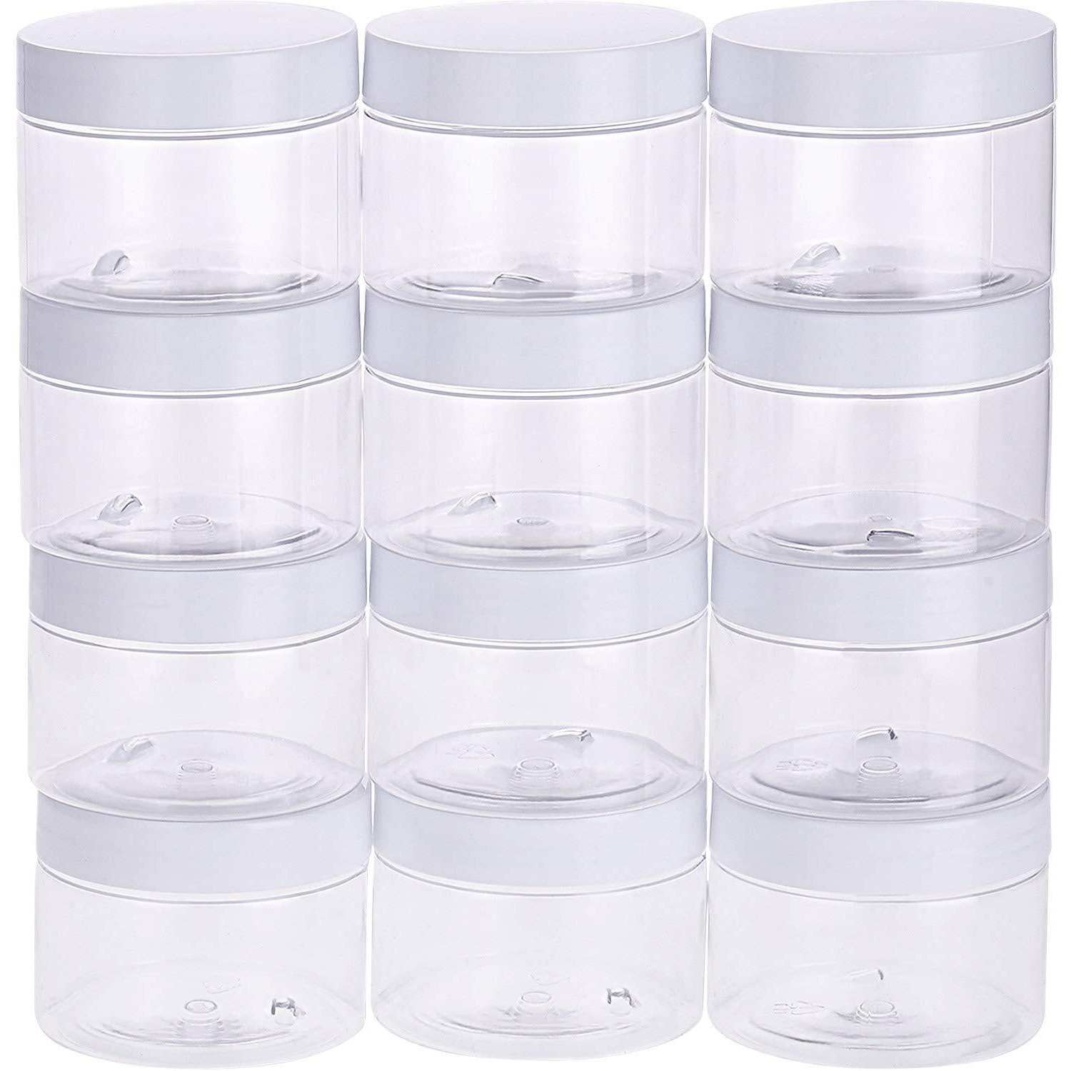 Satinior 12 Pack 6 Oz Plastic Container Jars With Lids Round Clear Travel Cosmetic Container Slime Jars For Toiletries, Lotion, Cream, Ointments, Makeup, Rhinestone, Samples, Kitchen Storage(White)