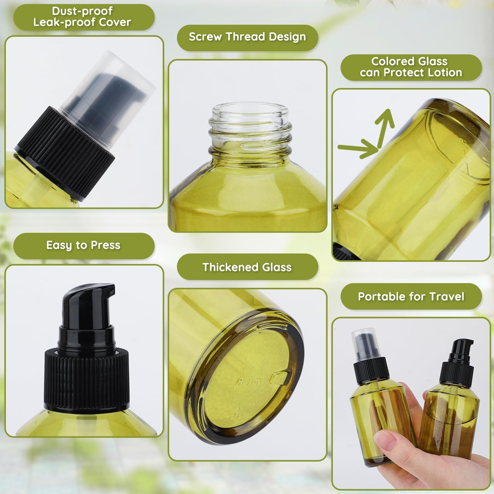 Segbeauty 5Pack Empty Refillable Glass Creams Lotions Bottles, 2Oz 60Ml Travel Glass Pump Bottle Lotion Container Foundation Bottle For Travel, Leak Proof Containers For Oils