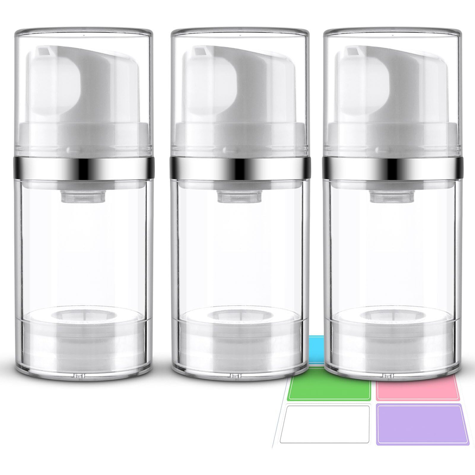 Decorniqu 3 Pack Airless Pump Jar 1.7Oz/50Ml Airless Pump Bottles Empty Moisturizer Pump Dispenser Travel Pump Bottles For Lotion Toiletries Shampoo Cream With Labels(Clear)