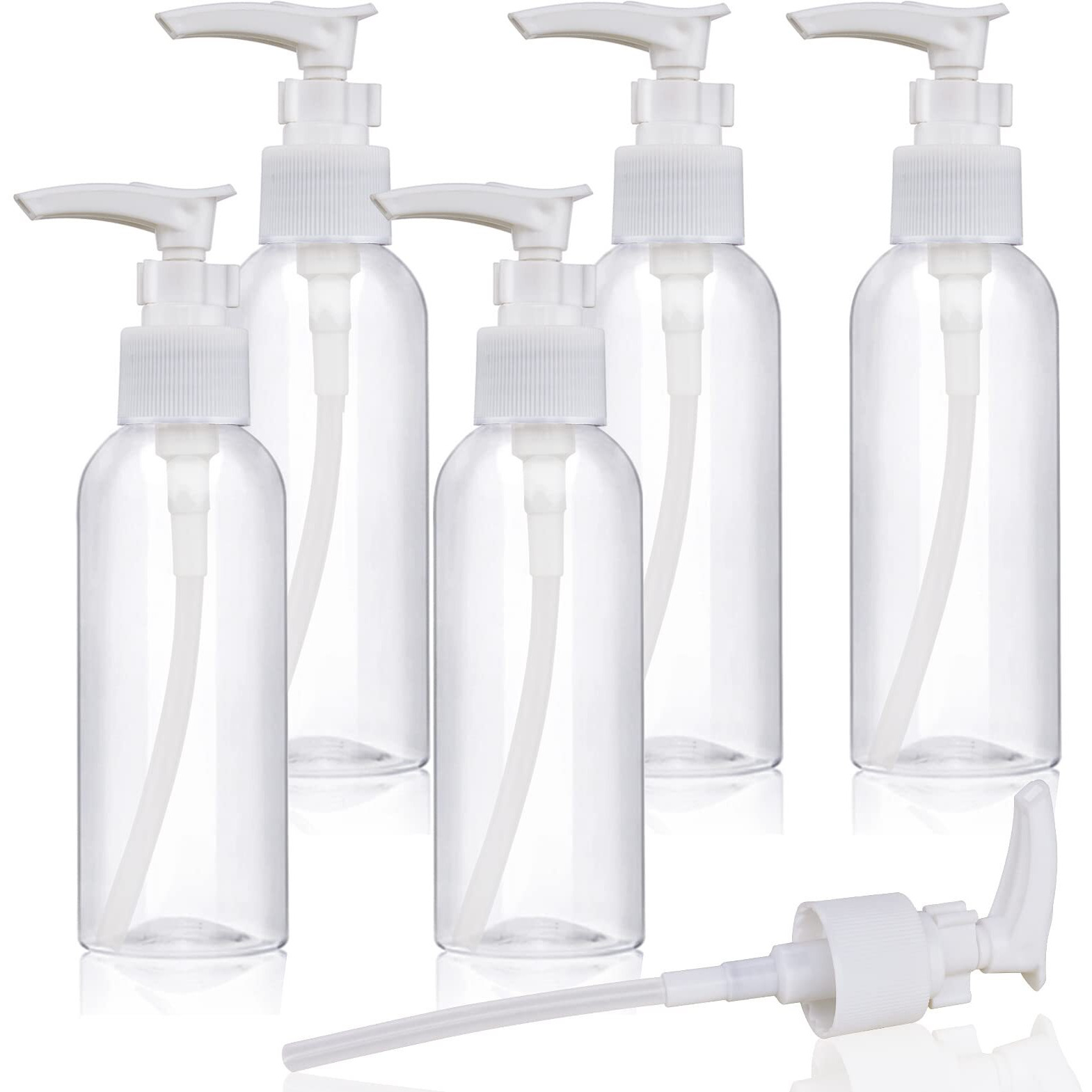 5 Pack Travel Bottles Pump Bottles Dispenser 3.4Oz/100Ml Plastic Lotion Pump Bottle Clear Travel Toiletry Bottles With Extra 1 Pump Leak Proof For Makeup Cosmetic Containers (White)