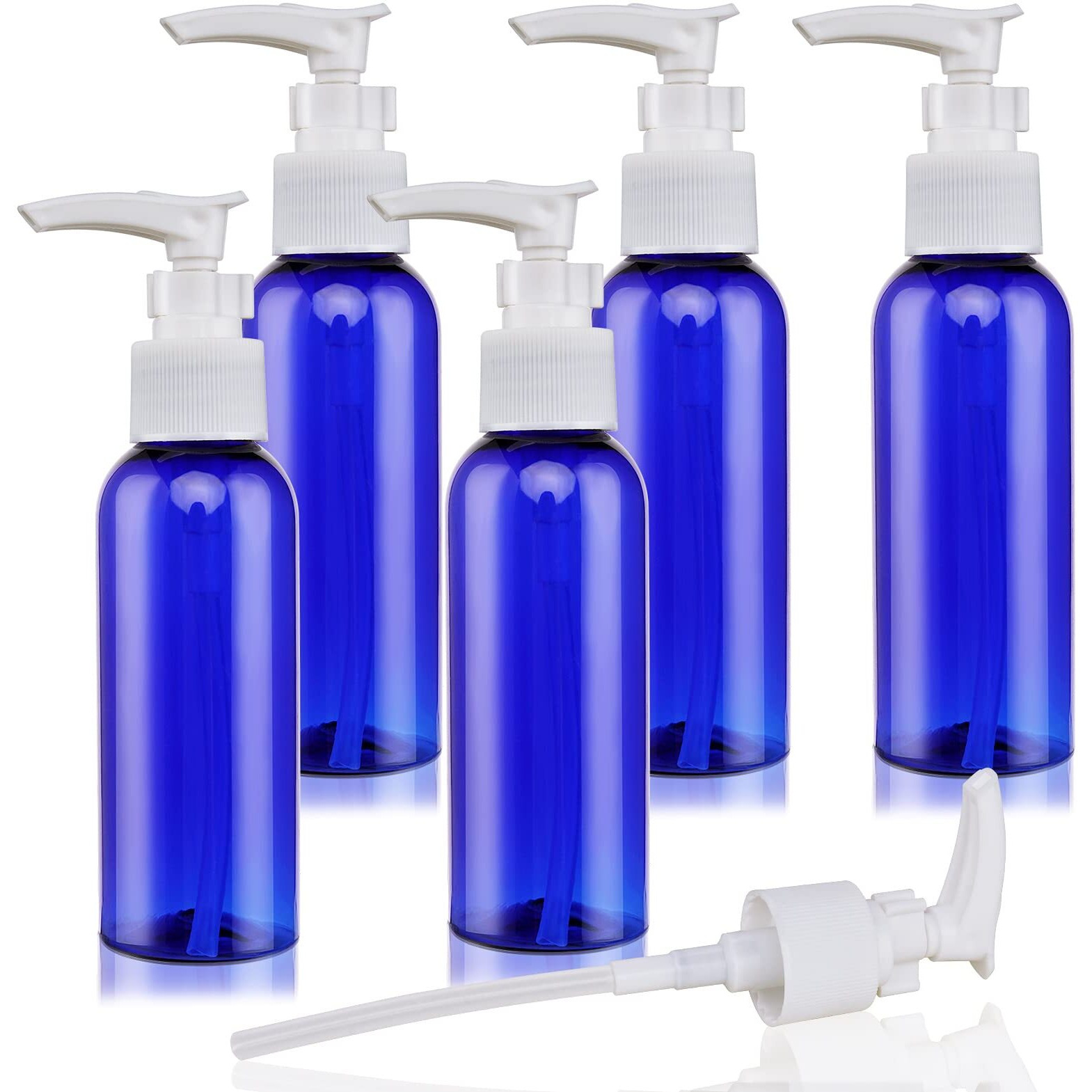 5 Pack Travel Bottles Pump Bottles Dispenser 3.4Oz/100Ml Plastic Lotion Pump Bottle Clear Travel Toiletry Bottles With Extra 1 Pump Leak Proof For Makeup Cosmetic Containers (Blue)