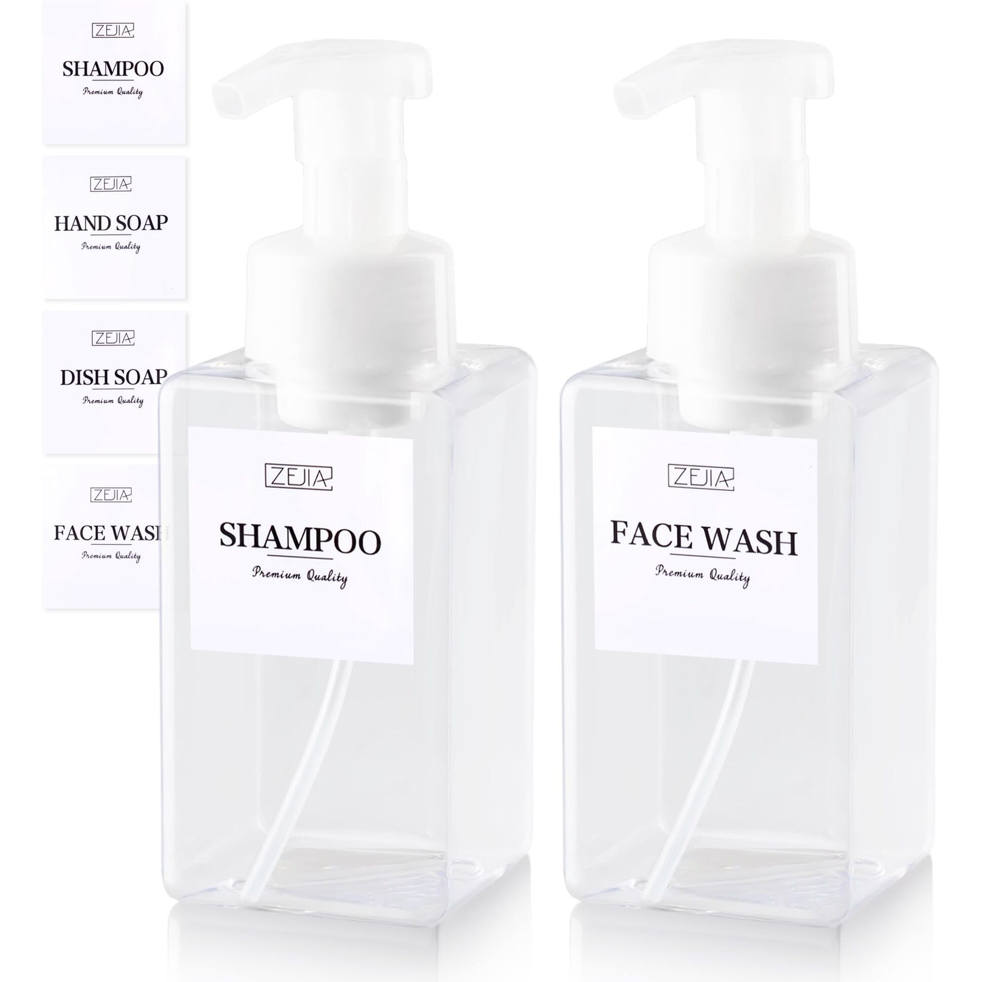 Zejia 15Oz Foaming Soap Dispenser, 2-Pack Plastic Hand Soap Dispenser, Refillable Leakproof Foam Pump Bottle With Waterproof Labels, For Shampoo, Body Wash