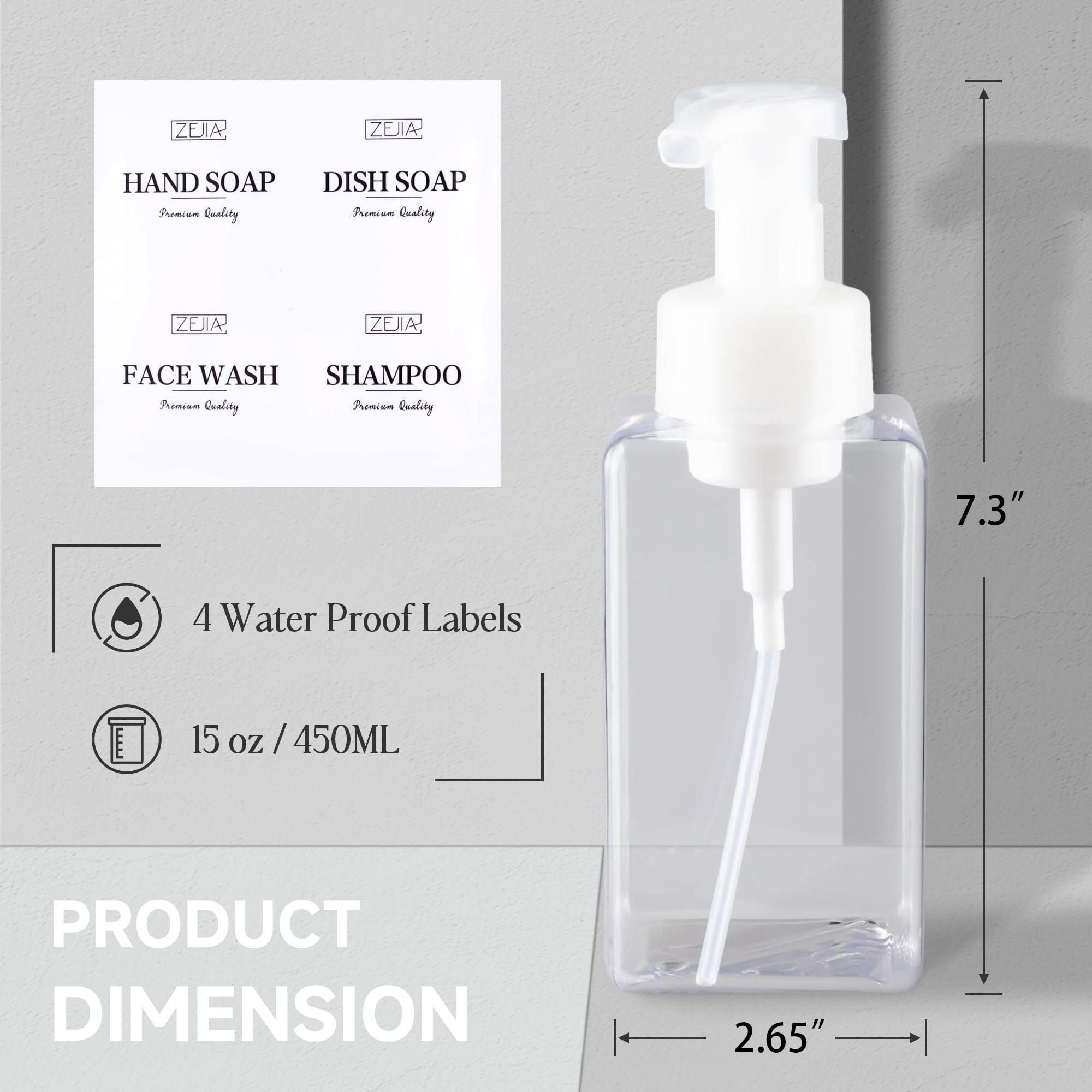 Zejia 15Oz Foaming Soap Dispenser, 2-Pack Plastic Hand Soap Dispenser, Refillable Leakproof Foam Pump Bottle With Waterproof Labels, For Shampoo, Body Wash