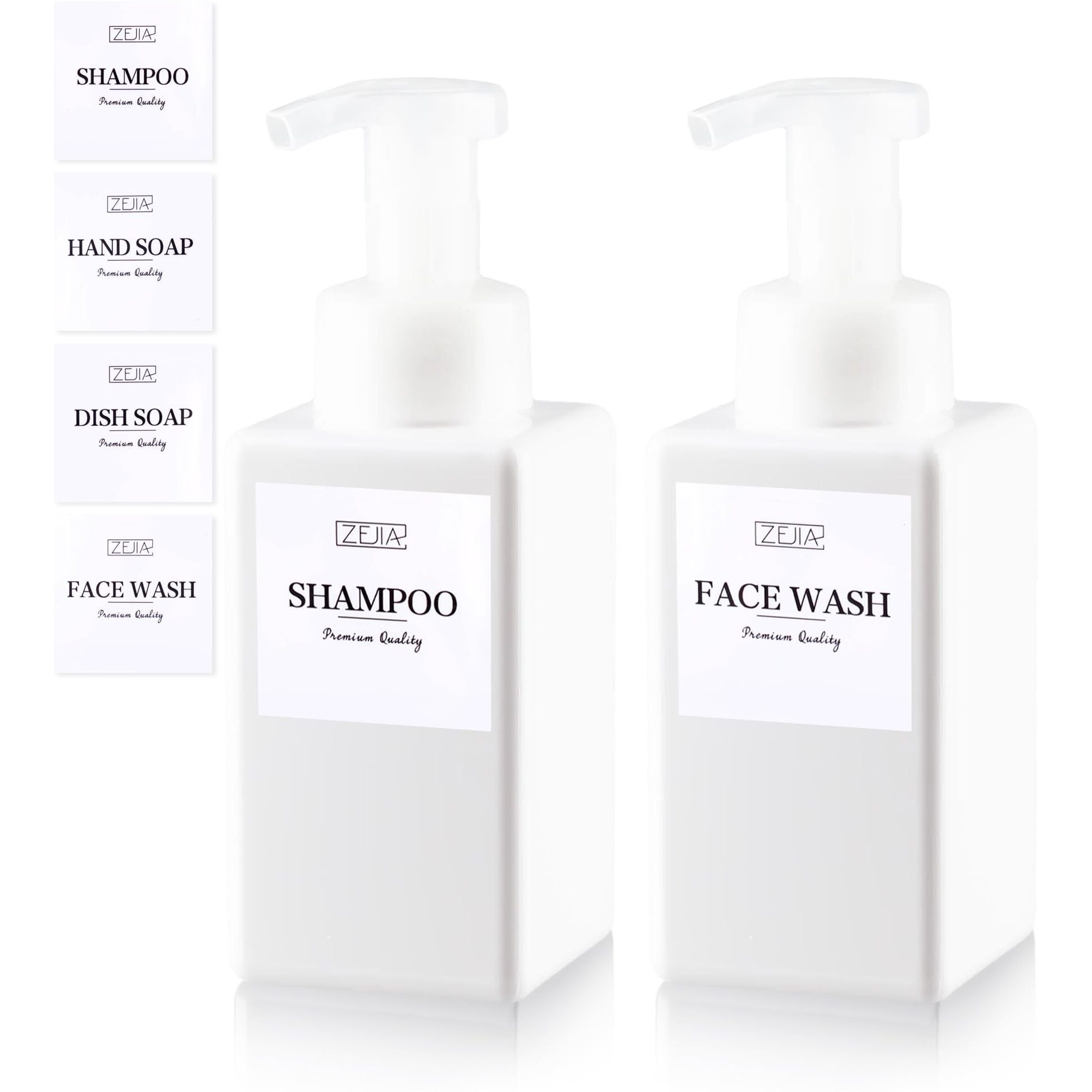 Zejia 15Oz Foaming Soap Dispenser, 2-Pack Plastic Hand Soap Dispenser, Refillable Leakproof Foam Pump Bottle With Waterproof Labels, For Shampoo, Body Wash