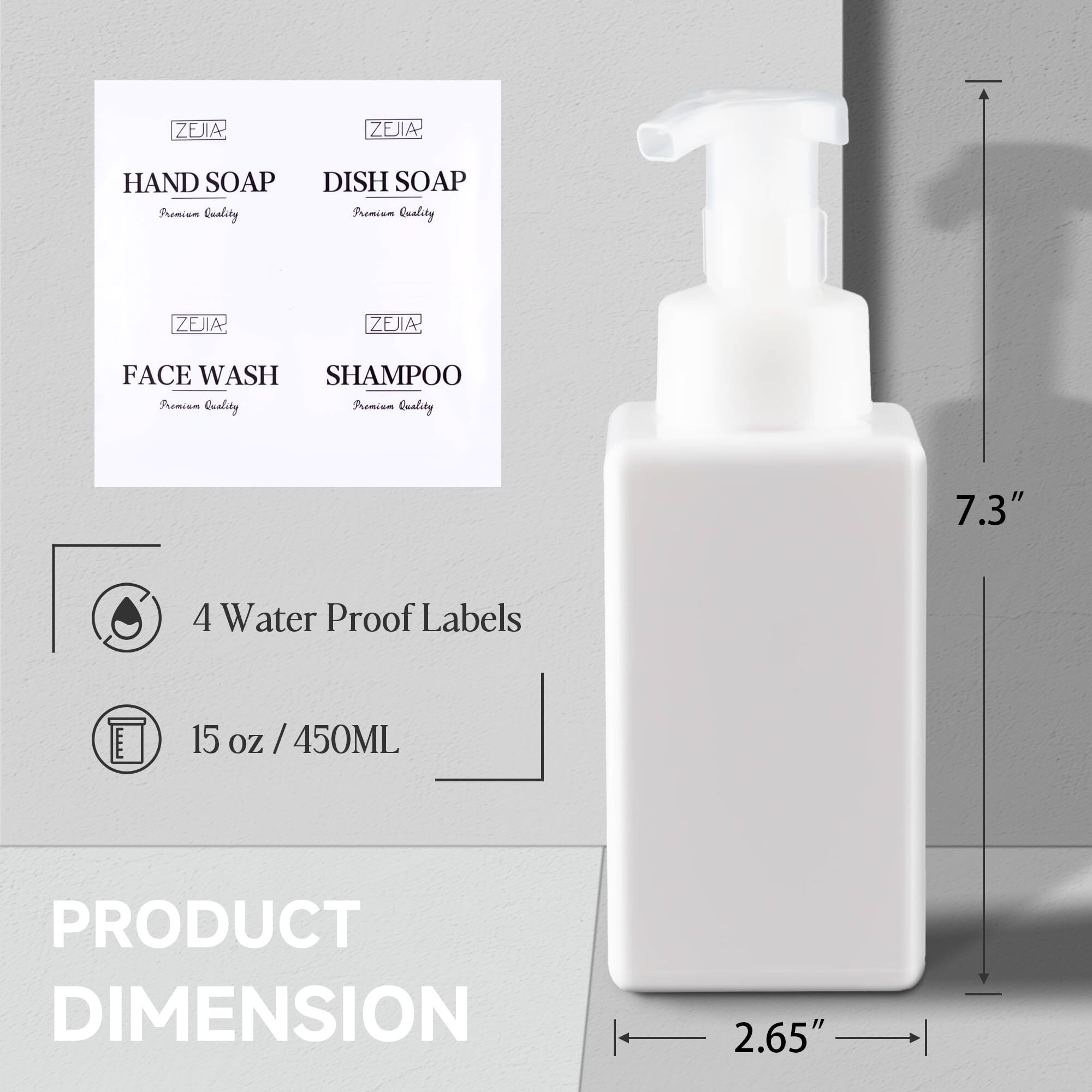 Zejia 15Oz Foaming Soap Dispenser, 2-Pack Plastic Hand Soap Dispenser, Refillable Leakproof Foam Pump Bottle With Waterproof Labels, For Shampoo, Body Wash