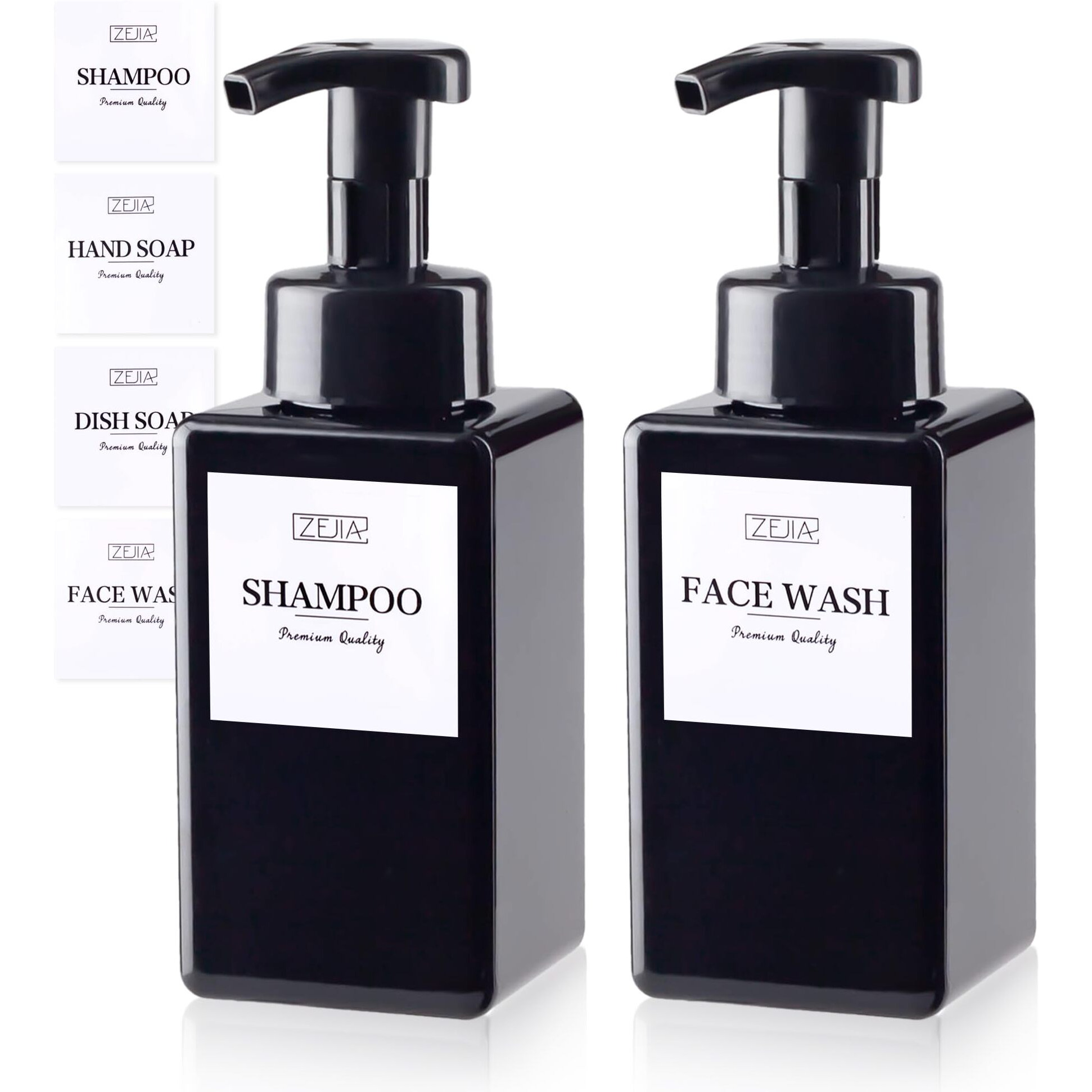 Zejia 15Oz Foaming Soap Dispenser, 2-Pack Plastic Hand Soap Dispenser, Refillable Leakproof Foam Pump Bottle With Waterproof Labels, For Shampoo, Body Wash