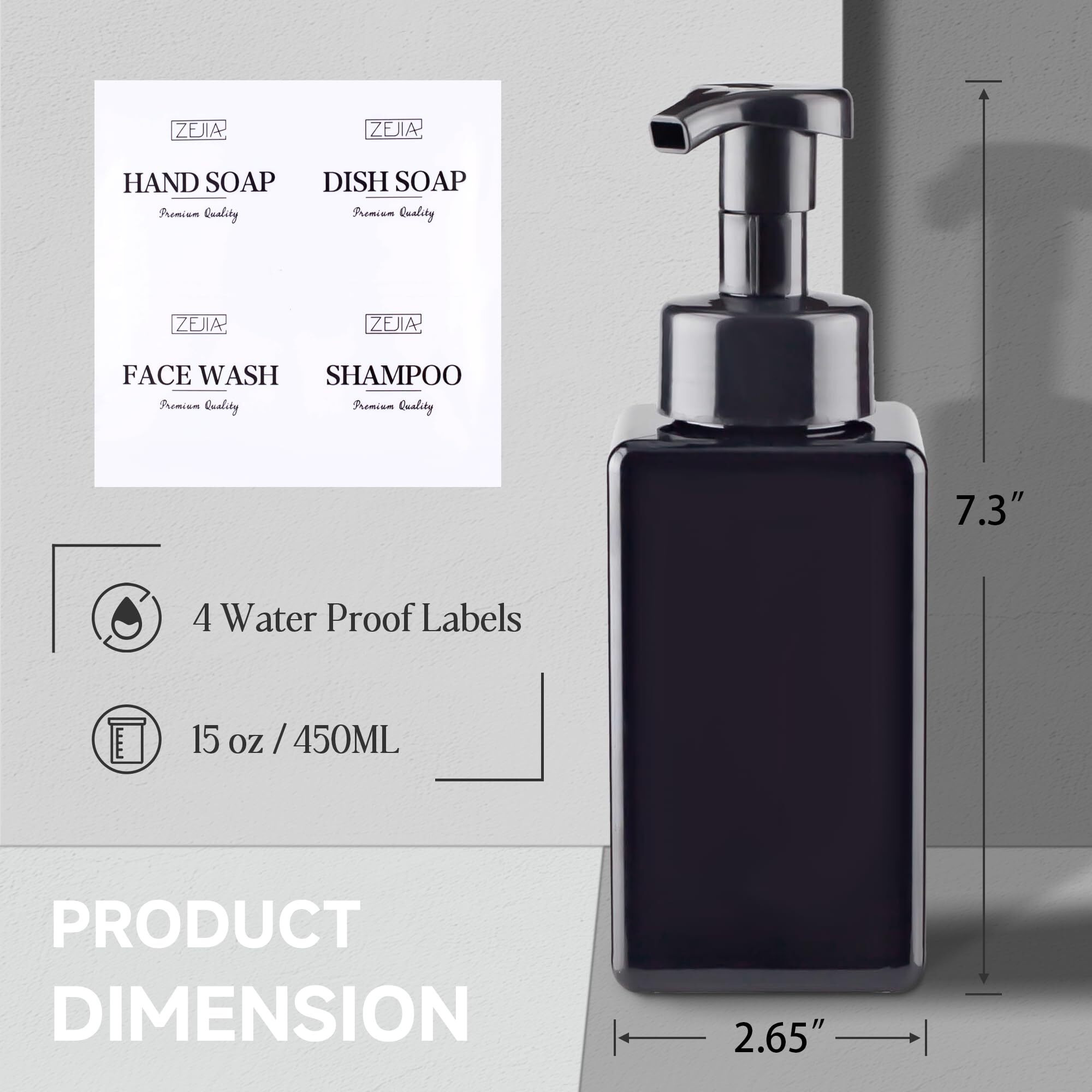 Zejia 15Oz Foaming Soap Dispenser, 2-Pack Plastic Hand Soap Dispenser, Refillable Leakproof Foam Pump Bottle With Waterproof Labels, For Shampoo, Body Wash