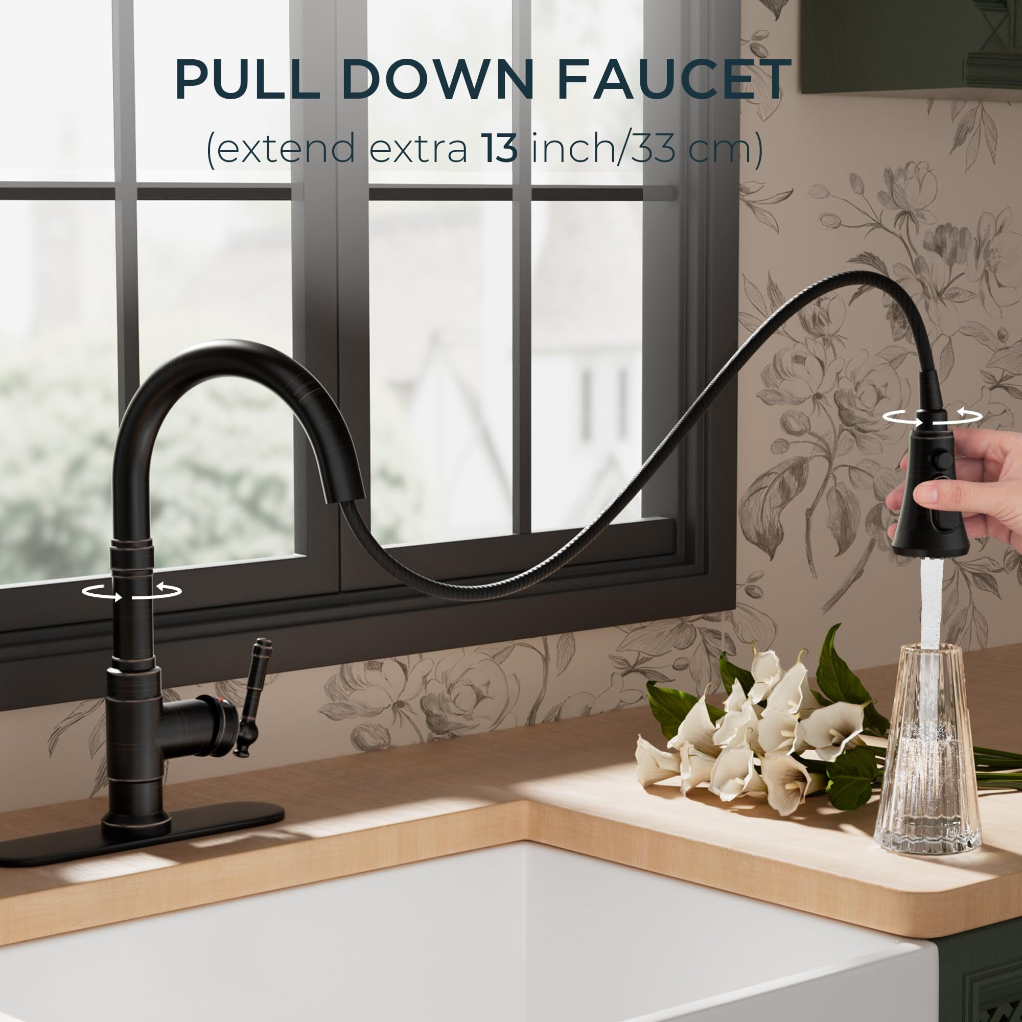 Forious Vintage Kitchen Faucets With Pull Down Sprayer, Oil Rubbed Brown, High Arc Single Handle Stainless Steel Antique Pull Out Sink Faucet For Farmhouse Camper Rv Bar, Fit For 1 Or 3 Hole