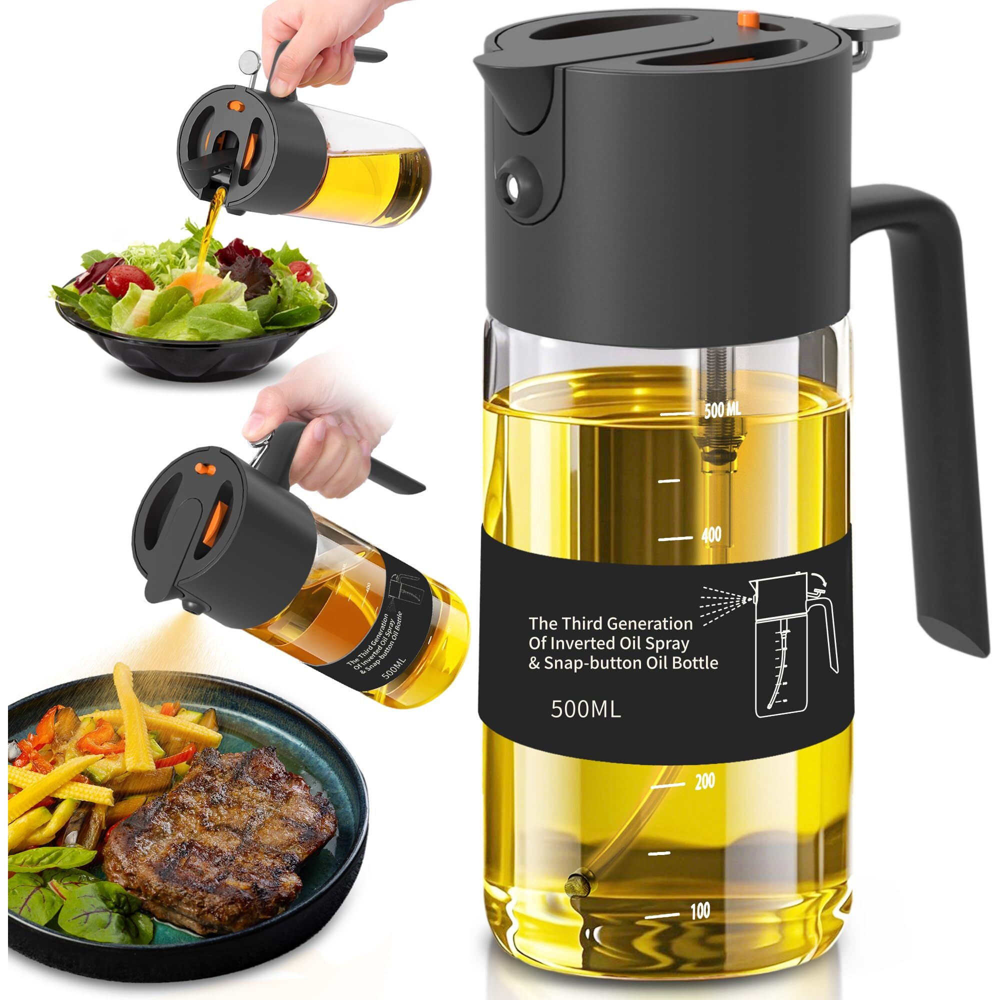 Costop Oil Sprayer For Cooking, 2025 Large Advanced Olive Oil Dispenser Bottle,500Ml/17Oz Glass Olive Oil Sprayer,2 In 1 Even Spray With Portion Control For Kitchen, Air Fryer, Salad, Bbq - Black