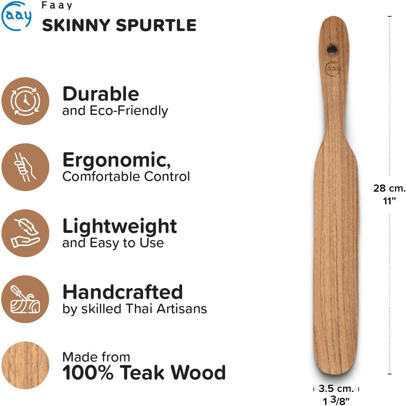 Faay Skinny Spurtle - The Original Since 2018 | Handmade Teak Spatula For Sourdough & Deep Jars | Ergonomic With A Food-Safe Coconut Cooking Oil Finish