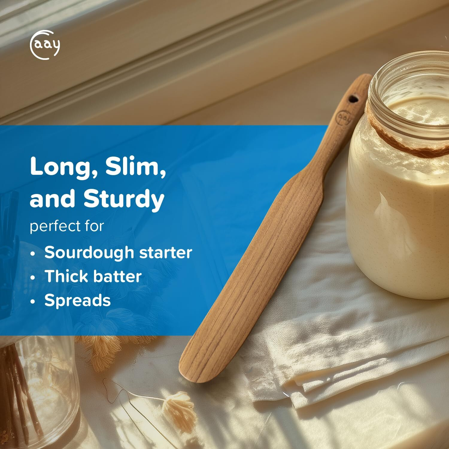 Faay Skinny Spurtle - The Original Since 2018 | Handmade Teak Spatula For Sourdough & Deep Jars | Ergonomic With A Food-Safe Coconut Cooking Oil Finish