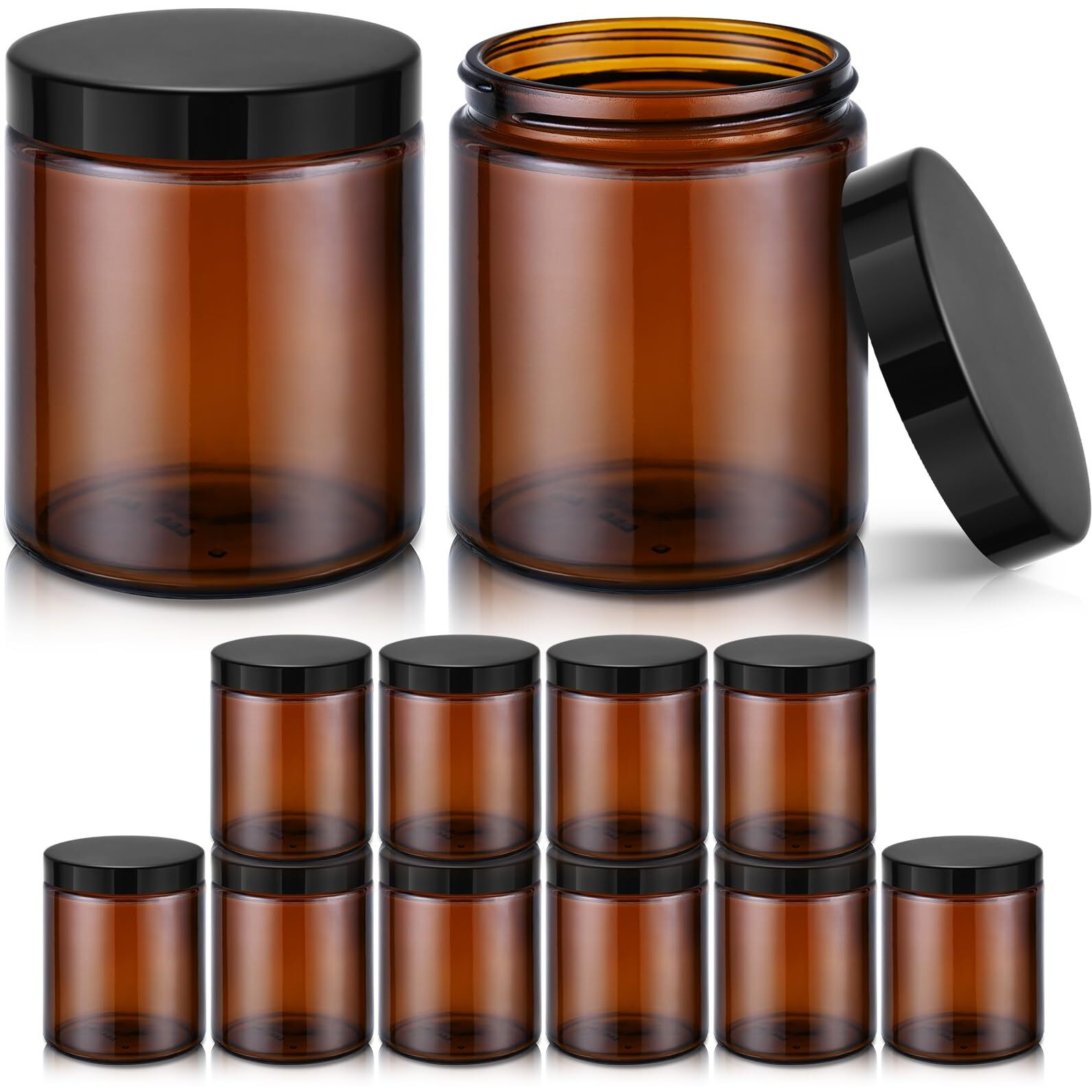 8Oz Amber Glass Jars With Lids, 12 Pack Amber Small Glass Jars With Black Lids, Lotion Container Empty Cosmetic Travel Containers For Sample, Cream, Lotion, Honey, Powder