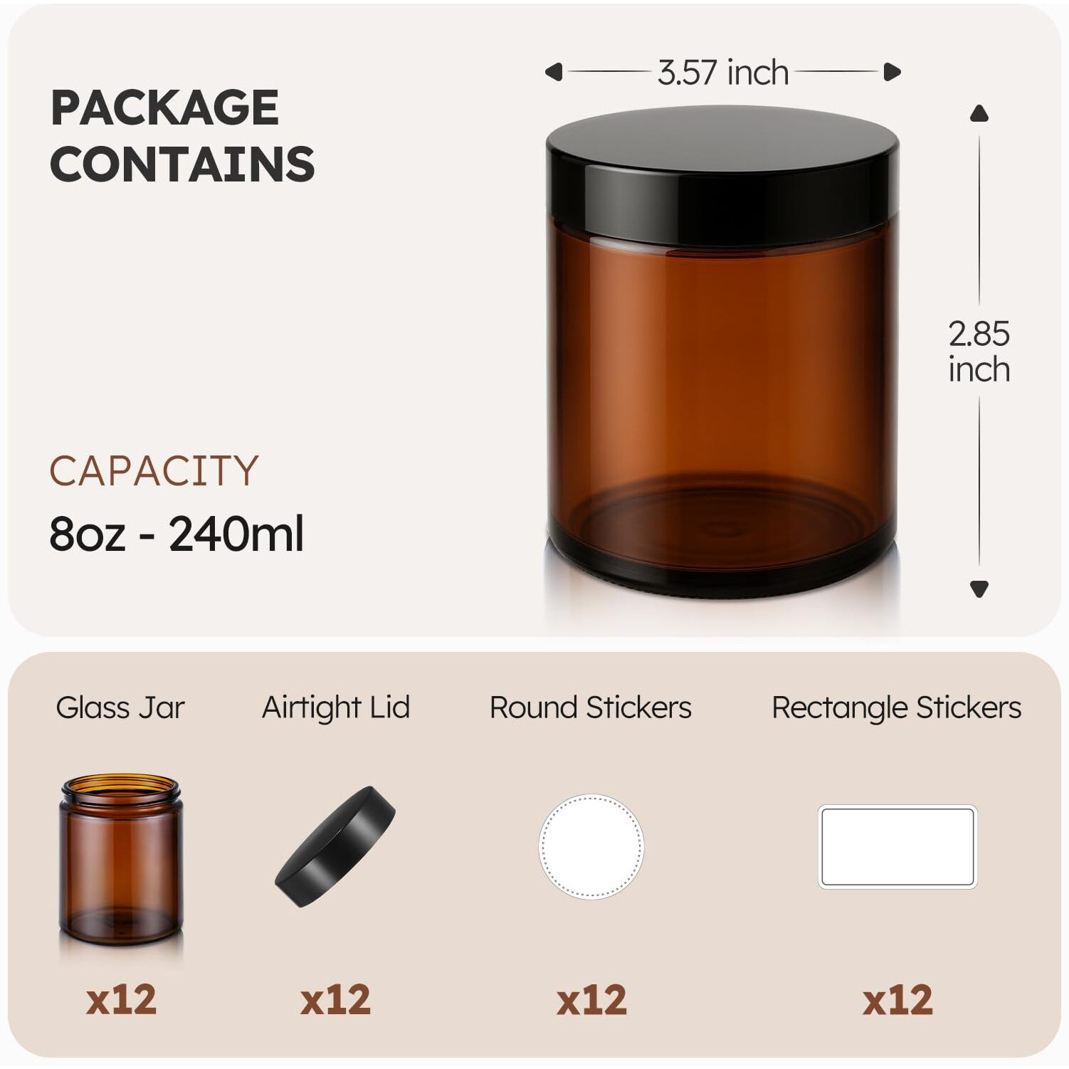 8Oz Amber Glass Jars With Lids, 12 Pack Amber Small Glass Jars With Black Lids, Lotion Container Empty Cosmetic Travel Containers For Sample, Cream, Lotion, Honey, Powder