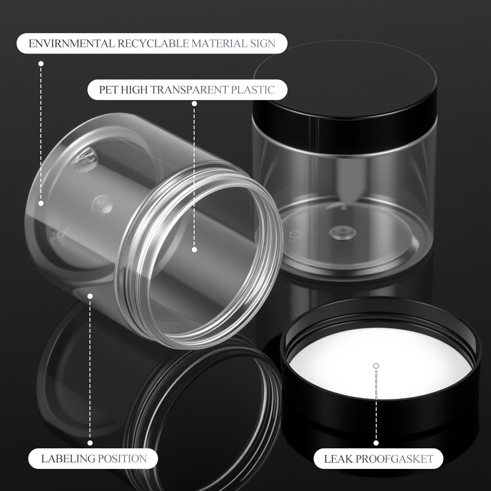 Patelai 60 Pcs Plastic Container Jars With Lids Round Clear Travel Cosmetic Container Jars For Toiletries, Lotion, Cream, Ointments, Makeup, Rhinestone, Samples, Kitchen Storage(Black,10 Oz)