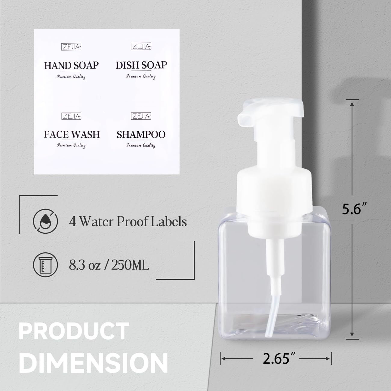 Zejia 250Ml Foaming Soap Dispenser, 2-Pack Plastic Hand Soap Dispenser, Refillable Leakproof Foam Pump Bottle With Waterproof Labels, For Shampoo, Body Wash