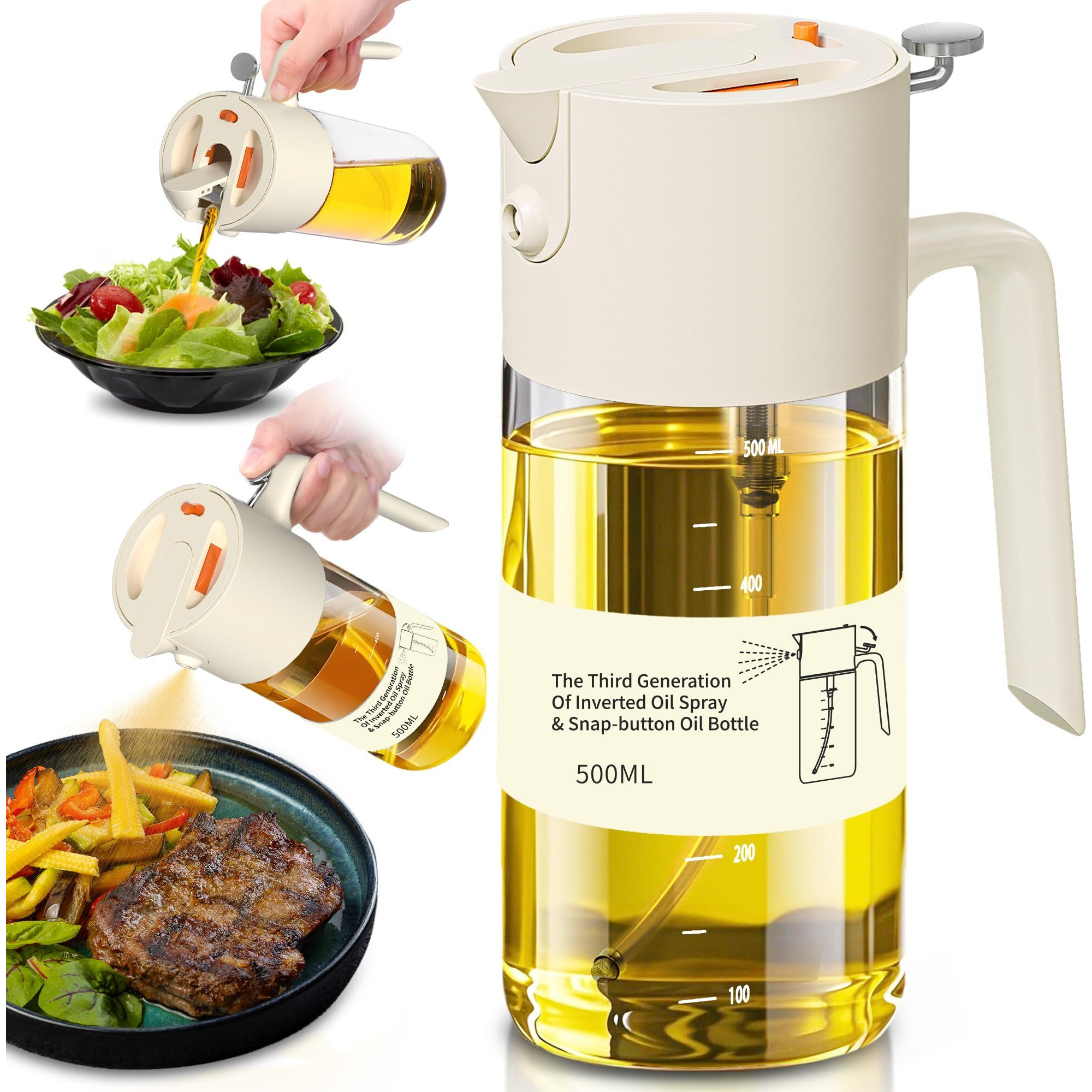 Costop Oil Sprayer For Cooking, 2025 Large Advanced Olive Oil Dispenser Bottle,500Ml/17Oz Glass Olive Oil Sprayer,2 In 1 Even Spray With Portion Control For Kitchen, Air Fryer, Salad, Bbq - White