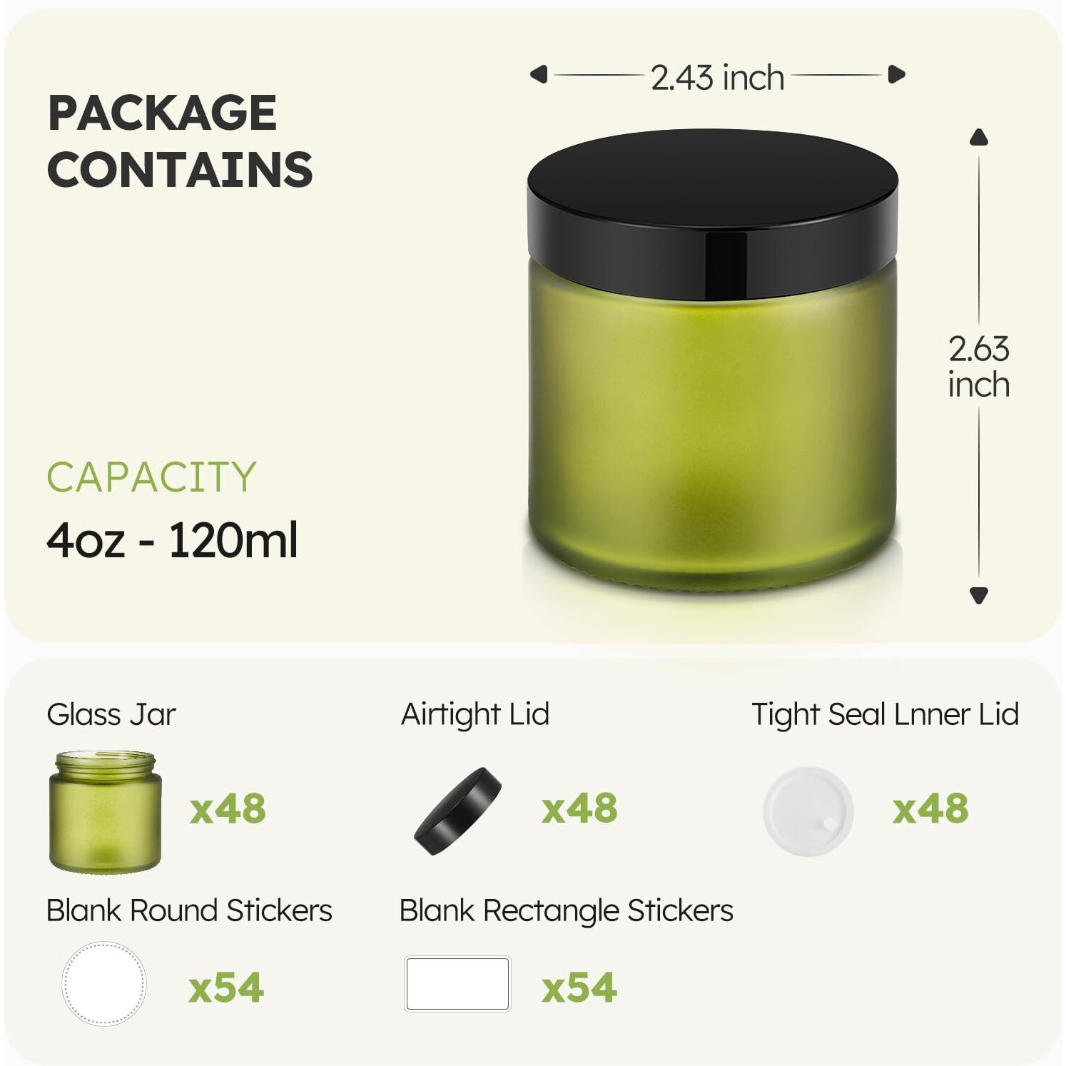 Tecohouse 4 Oz Glass Jars With Lids, 48 Pack Green Canning Mason Jars With Lids, White Labels & Inner Liners, Empty Airtight Round Clear Slime Containers For Spice, Lotion, Ointments