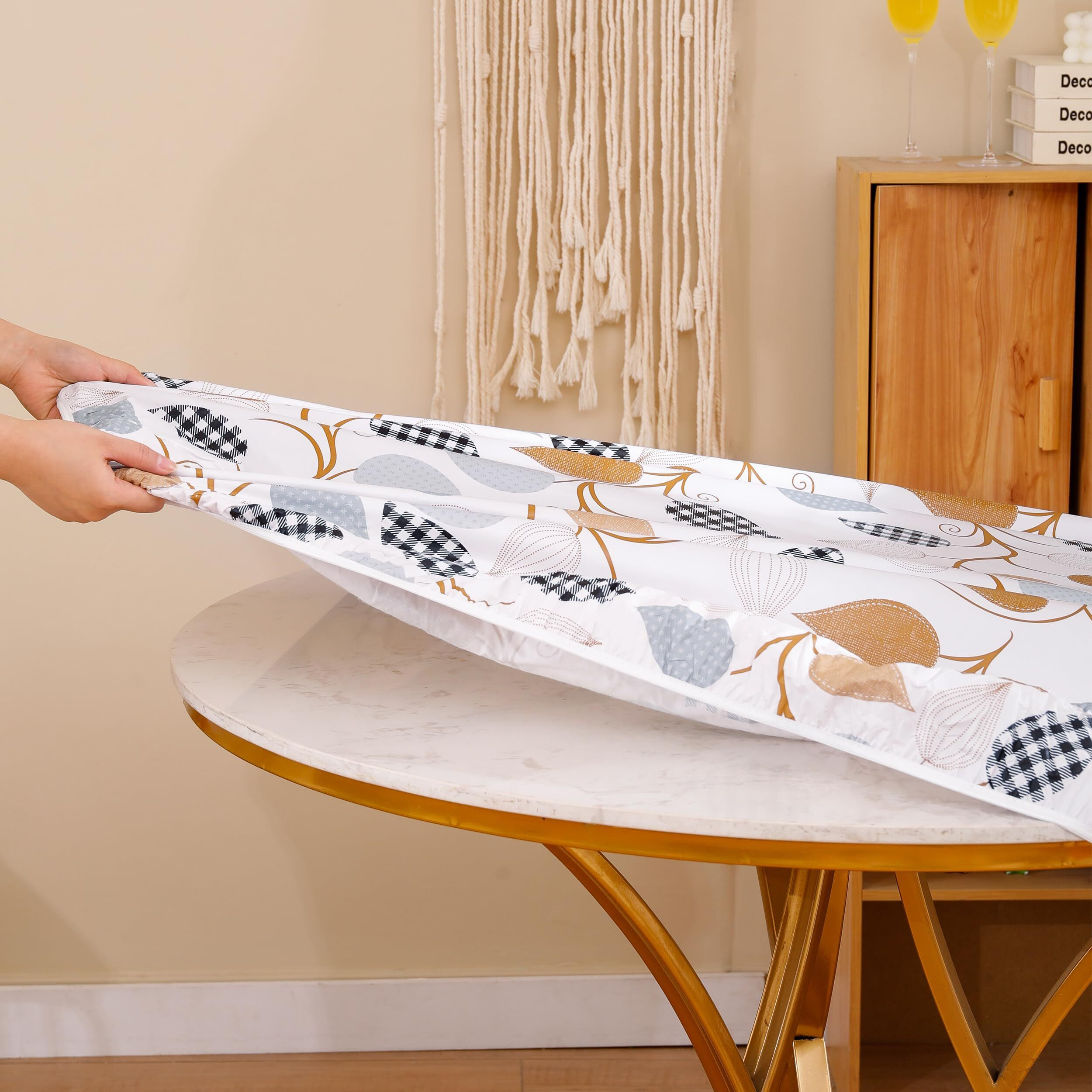 Round Vinyl Fitted Tablecloth With Flannel Backing Elastic Edge Design Table Cover Waterproof Oil-Proof Pvc Table Cloth Stain-Resistant Best For 37""-44"" Round