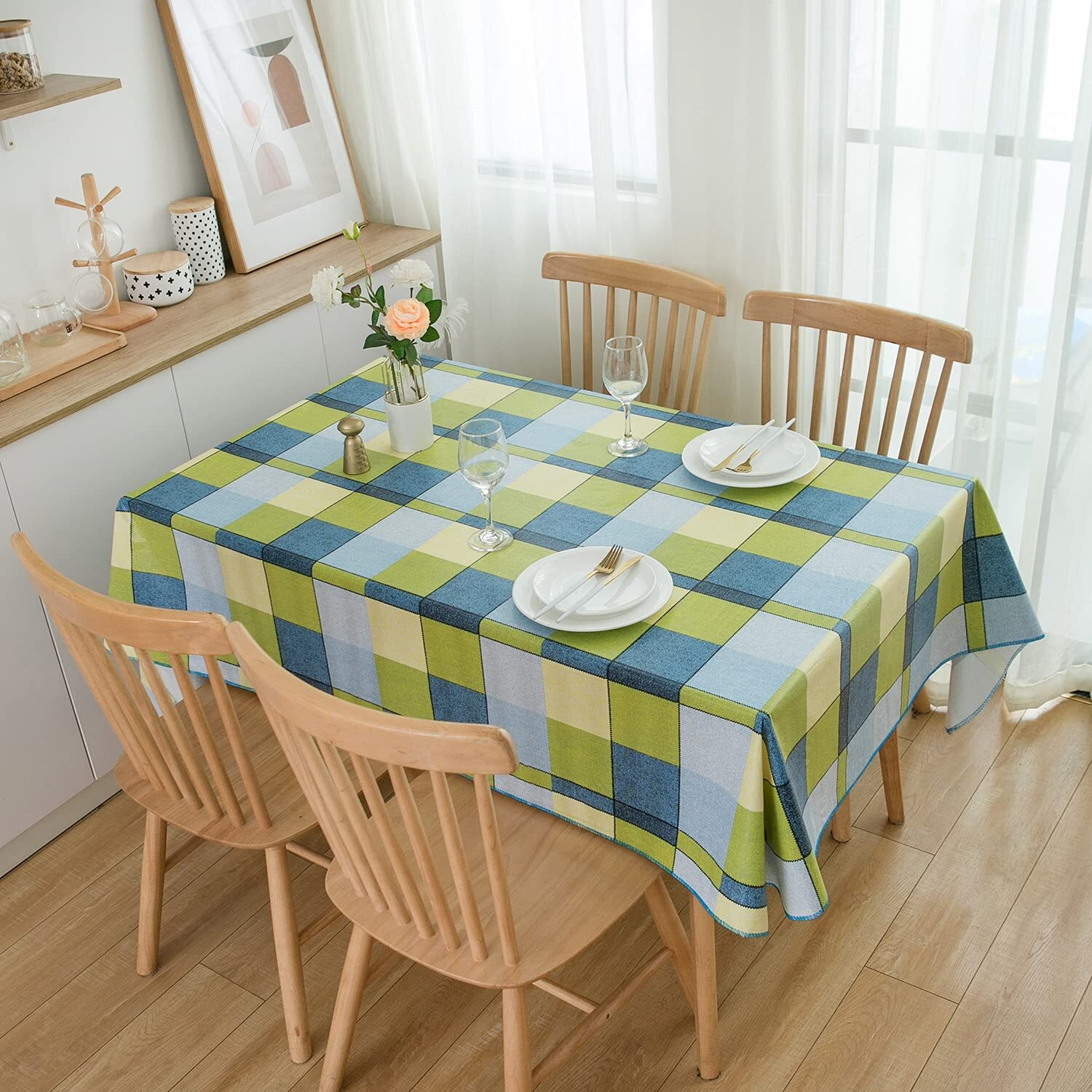 Vinyl Tablecloth With Flannel Backed Waterproof Oil-Proof Pvc Table Cloth Wipeable Spill-Proof Plastic Table Cover For Indoor And Outdoor(Morden Checkered, 60 X 60 Inch Square)