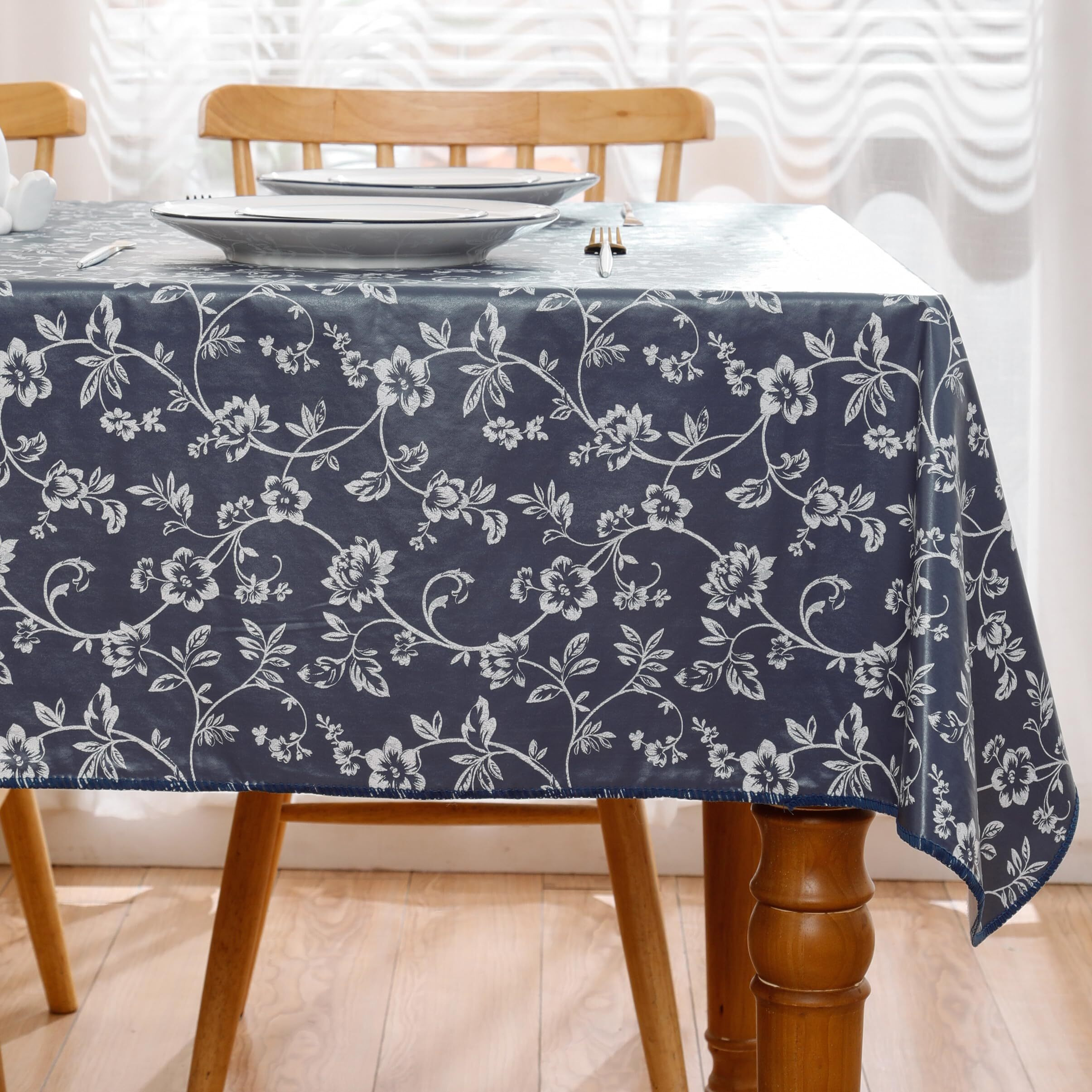 Heavy Duty Vinyl Tablecloth With Flannel Backing Waterproof Oil-Proof Plastic Table Cloth Stain-Resistant Wipeable Rectangle Or Square Table Cover For Indoor And Outdoor (Blue Floral,52X70 Inch)