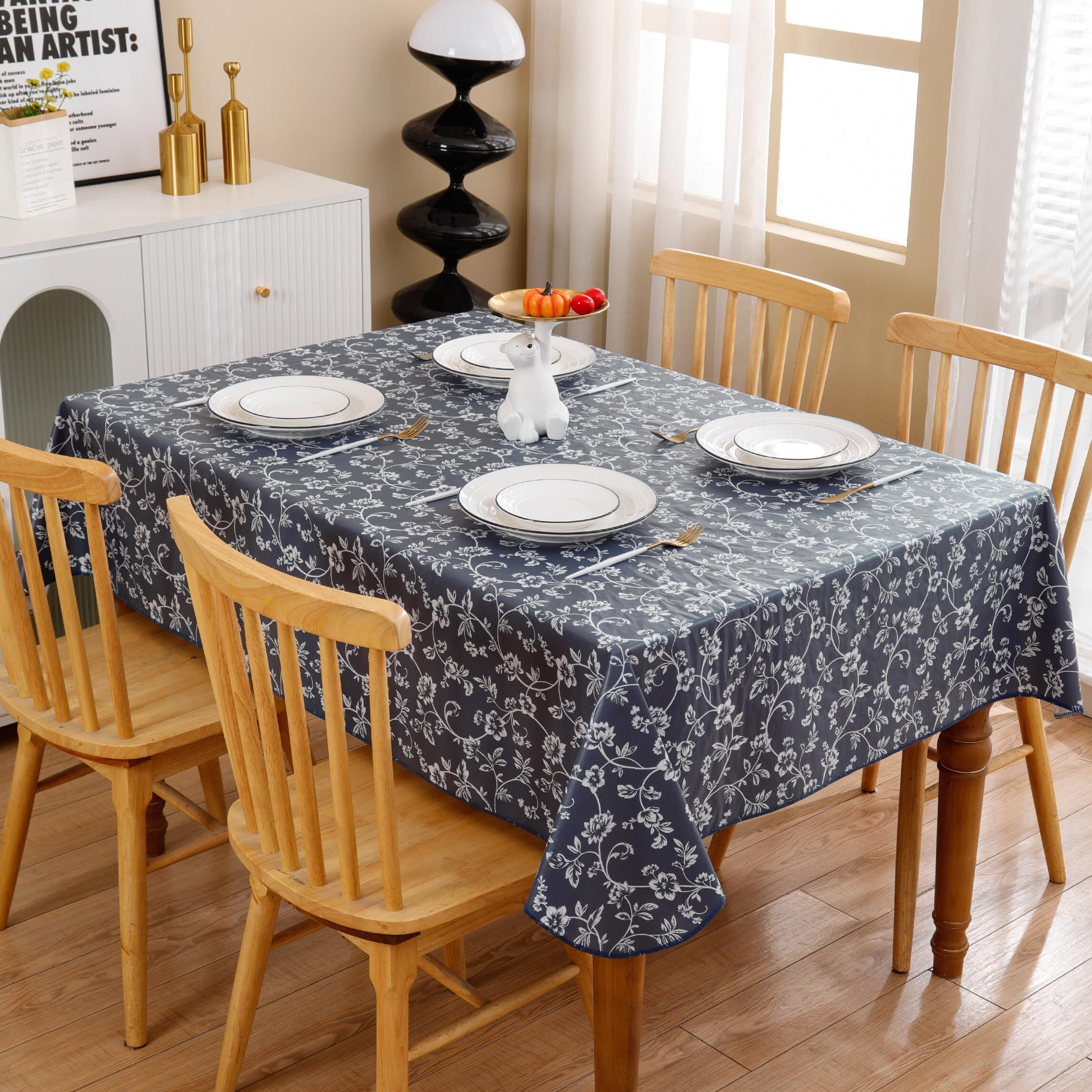 Heavy Duty Vinyl Tablecloth With Flannel Backing Waterproof Oil-Proof Plastic Table Cloth Stain-Resistant Wipeable Rectangle Or Square Table Cover For Indoor And Outdoor (Blue Floral,52X70 Inch)