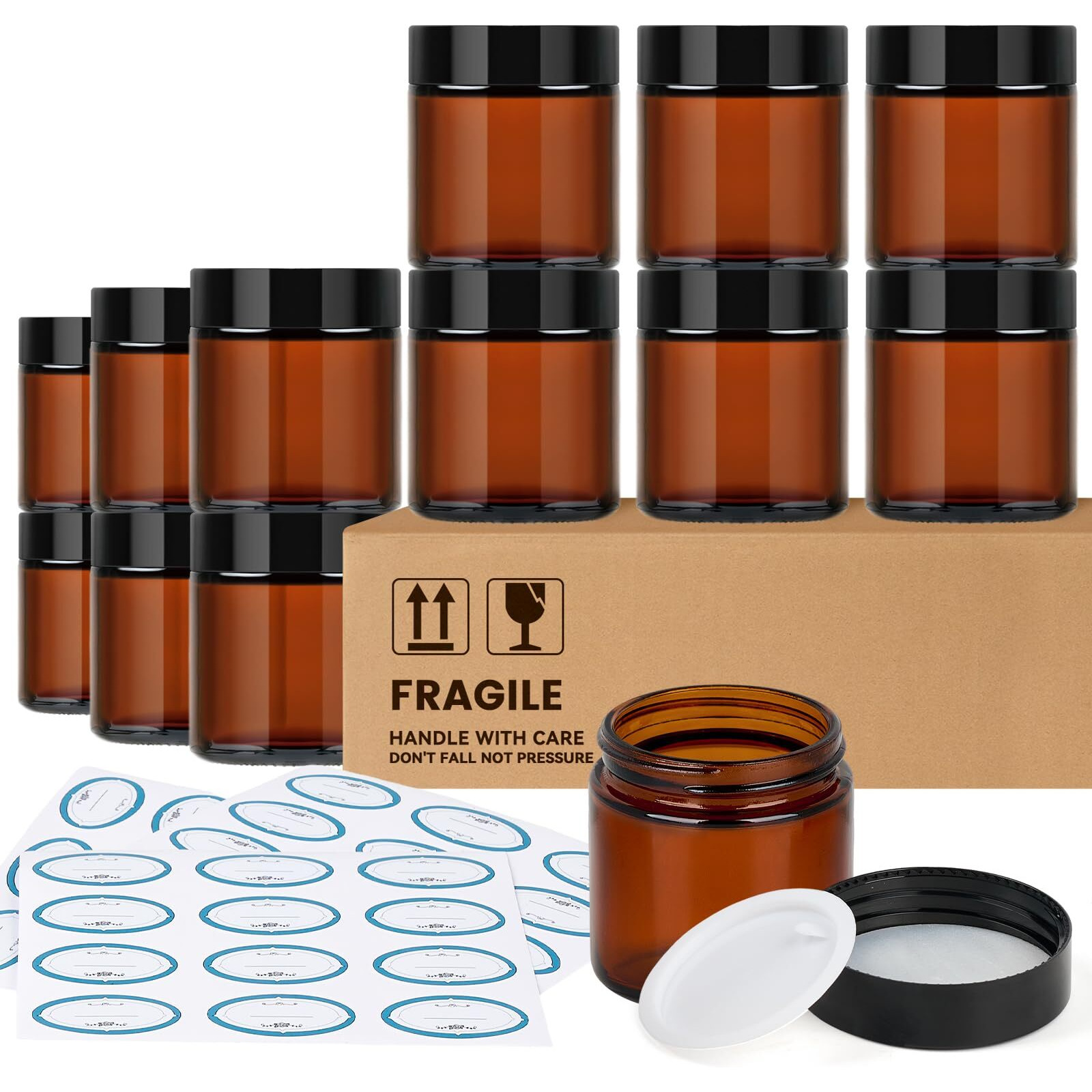 Qeirudu 4 Oz Small Amber Glass Jars With Black Lids, 12 Pack Empty Glass Cosmetic Jars With Inner Liners And Labels For Storing Lotions, Ointments, Creams, Candles