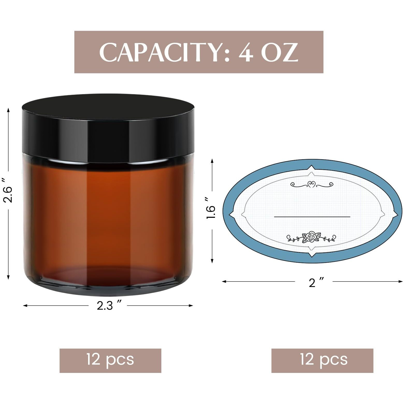 Qeirudu 4 Oz Small Amber Glass Jars With Black Lids, 12 Pack Empty Glass Cosmetic Jars With Inner Liners And Labels For Storing Lotions, Ointments, Creams, Candles