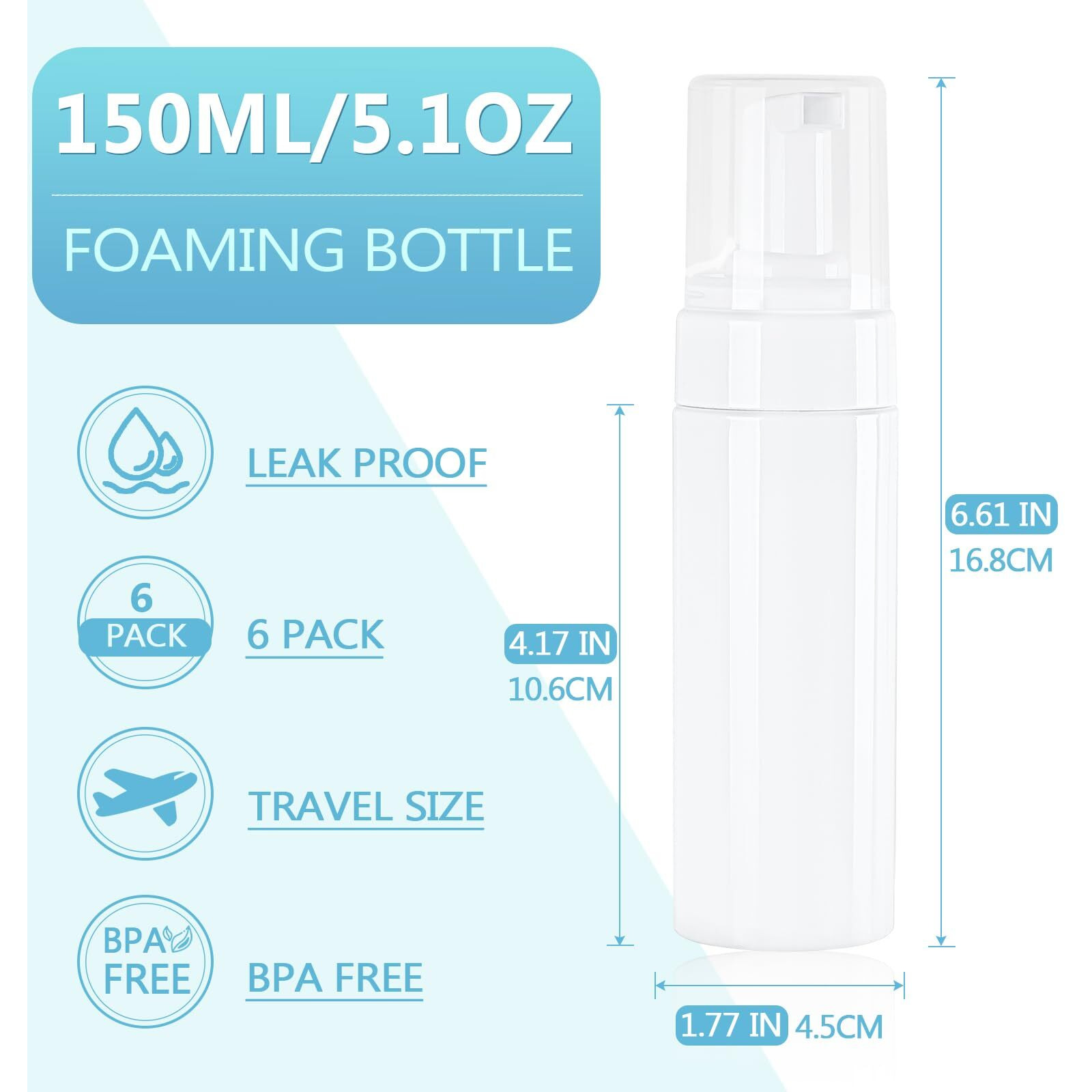 Foam Pump Bottle 150Ml/5 Oz Empty Plastic Foam Dispenser Pump Bottle Travel Large Refillable Bpa Free Lotion Bottles For Shampoo Shower Hand Soap Foaming (6 Pack) White