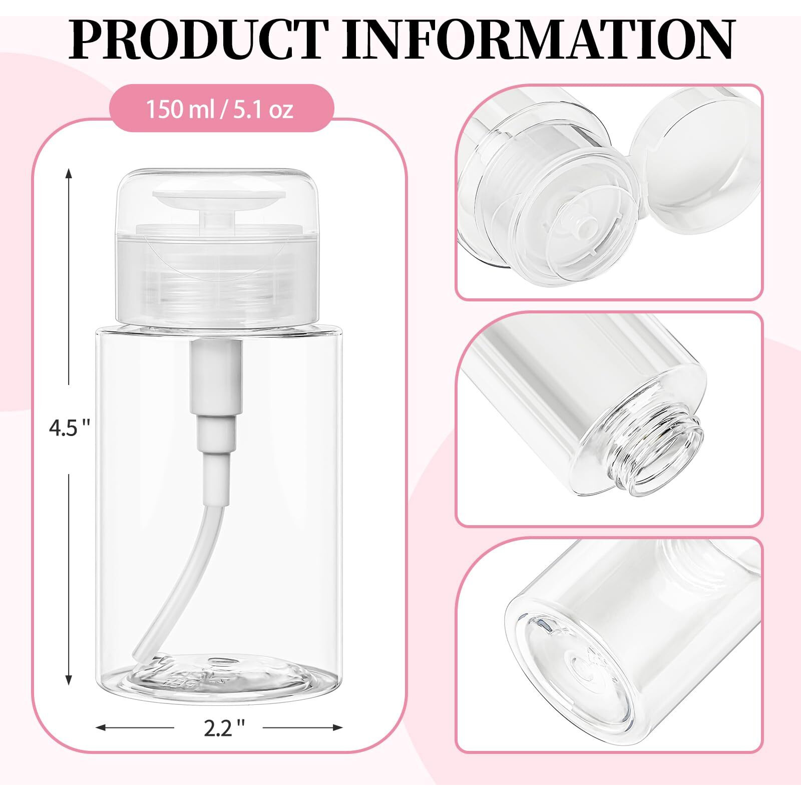 3 Pack Push Down Pump Bottle Dispenser For Makeup Remover, Facial Toner, Micellar Water, Alcohol, Nail Polish Remover Empty Push Top Bottles Containers 5.1Oz/150Ml
