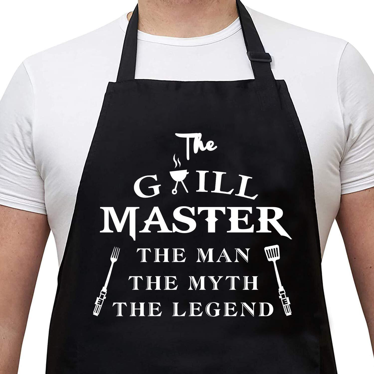 Rosoz Funny Aprons For Men - The Grill Master, The Man The Myth The Legend - Cooking Grilling Bbq Chef Apron For A Husband, Dad Gifts, Waterproof Oil Proof Black Apron With 2 Pockets