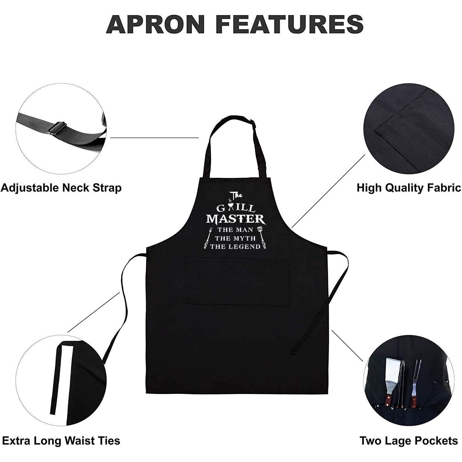 Rosoz Funny Aprons For Men - The Grill Master, The Man The Myth The Legend - Cooking Grilling Bbq Chef Apron For A Husband, Dad Gifts, Waterproof Oil Proof Black Apron With 2 Pockets