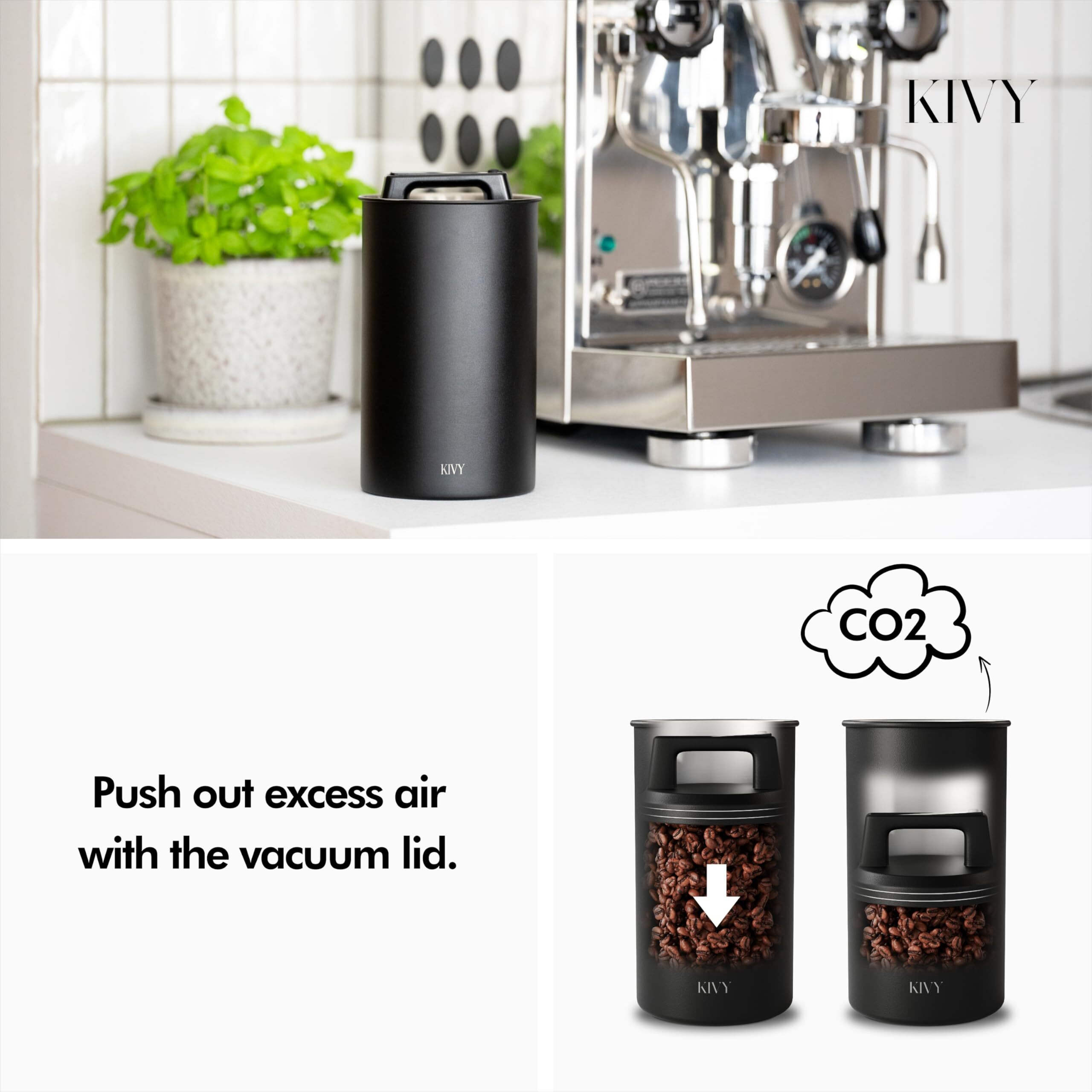 Kivy Vacuum Coffee Canister (Large) - Push Lid Preserves Aroma & Oil - Stainless Steel Airtight Canister - Container For Ground & Coffee Bean Storage - Removes Excess Air