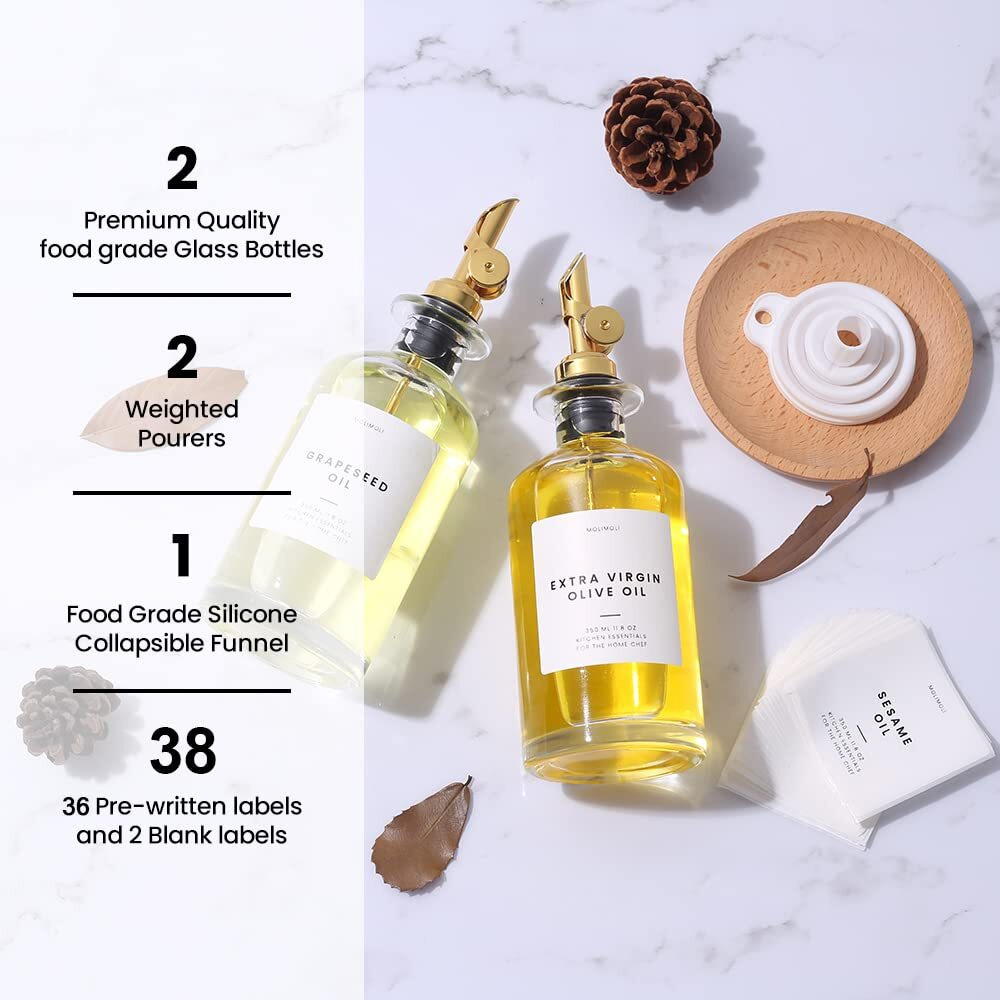 Molimoli Oil And Vinegar Dispenser With Metal Pour Spout, Weighted Pourer, Glass Bottle Dispenser For Kitchen, Olive Oil Cruet, Glass Olive Oil Bottle | 350Ml, Set Of 2
