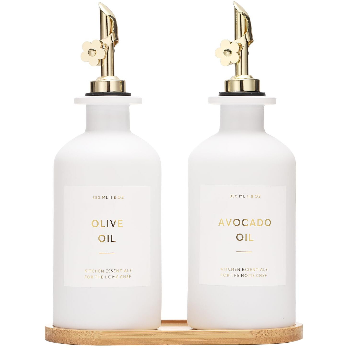 Homcdaly Olive Oil Dispenser For Kitchen, 11.8Oz Glass Kitchen Dispenser Bottle, Gold Oil&Vinegar Cruet Set, Leakproof Oil Containers For Cooking| Set Of 2 (11.8Oz - Gold)