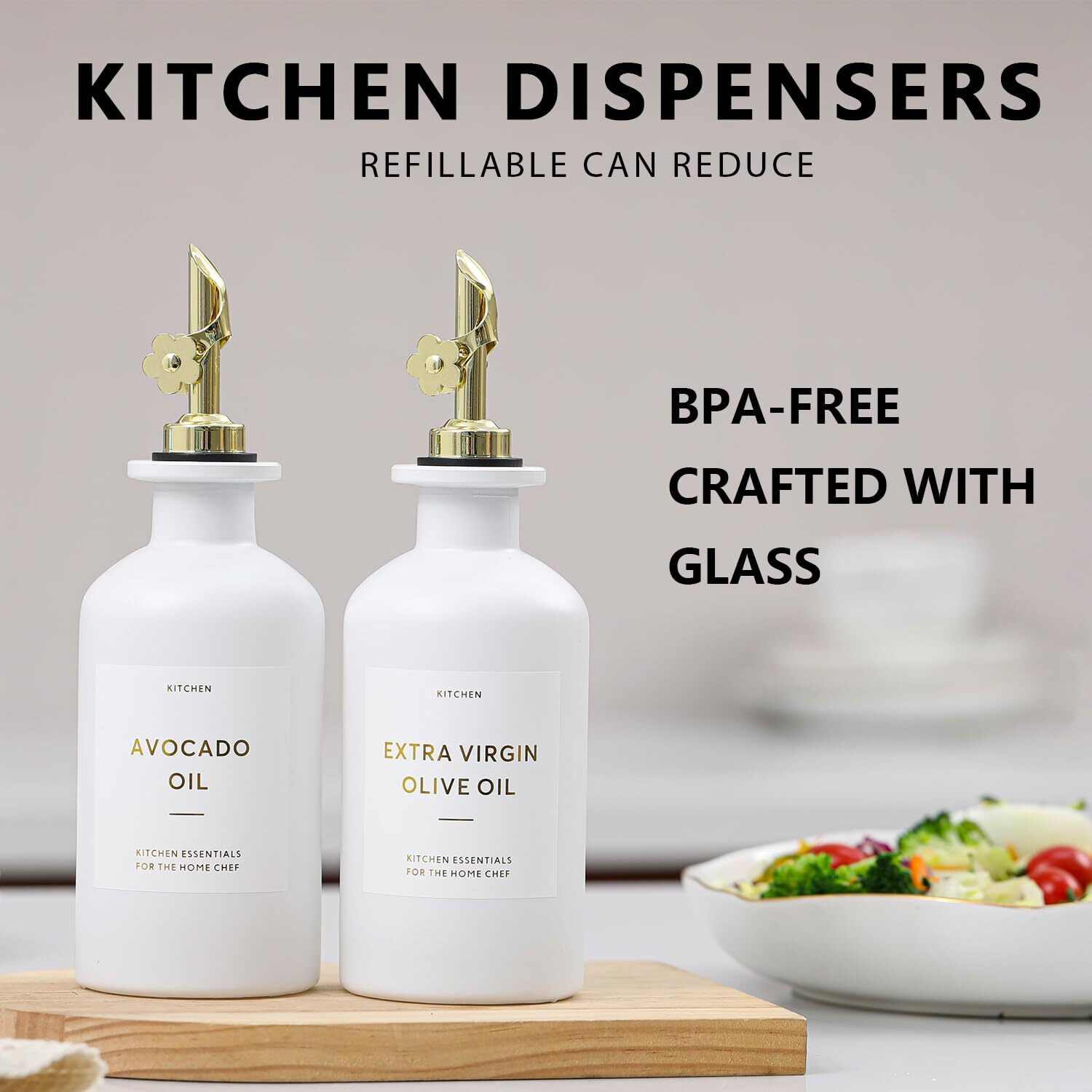 Homcdaly Olive Oil Dispenser For Kitchen, 11.8Oz Glass Kitchen Dispenser Bottle, Gold Oil&Vinegar Cruet Set, Leakproof Oil Containers For Cooking| Set Of 2 (11.8Oz - Gold)