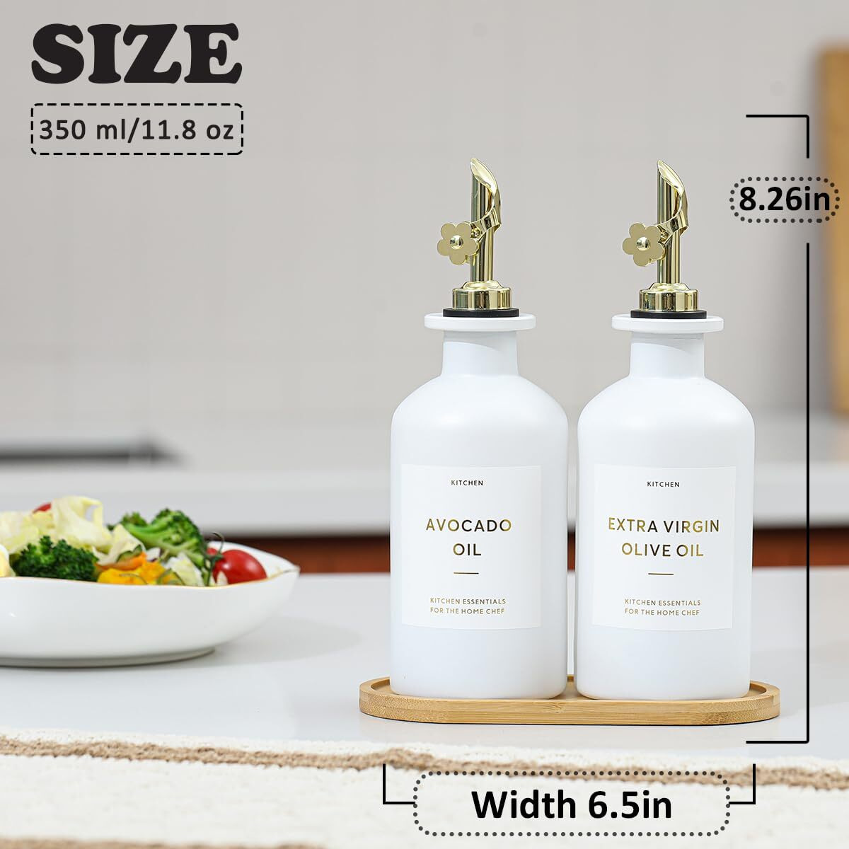 Homcdaly Olive Oil Dispenser For Kitchen, 11.8Oz Glass Kitchen Dispenser Bottle, Gold Oil&Vinegar Cruet Set, Leakproof Oil Containers For Cooking| Set Of 2 (11.8Oz - Gold)